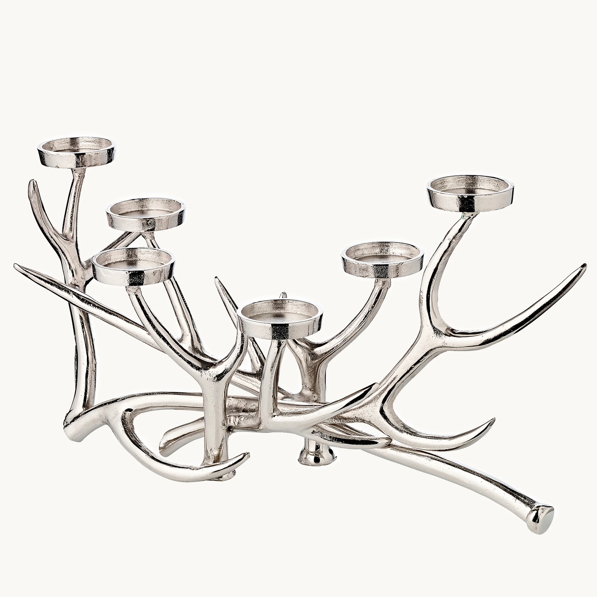 Kerzenleuchter James (Höhe 27,5 cm, Länge 55 cm), Aluminium vernickelt, für Stumpenkerzen ø 6 cm Kerzenleuchter James (Höhe 27,5 cm, Länge 55 cm), Aluminium vernickelt, für Stumpenkerzen ø 6 cm