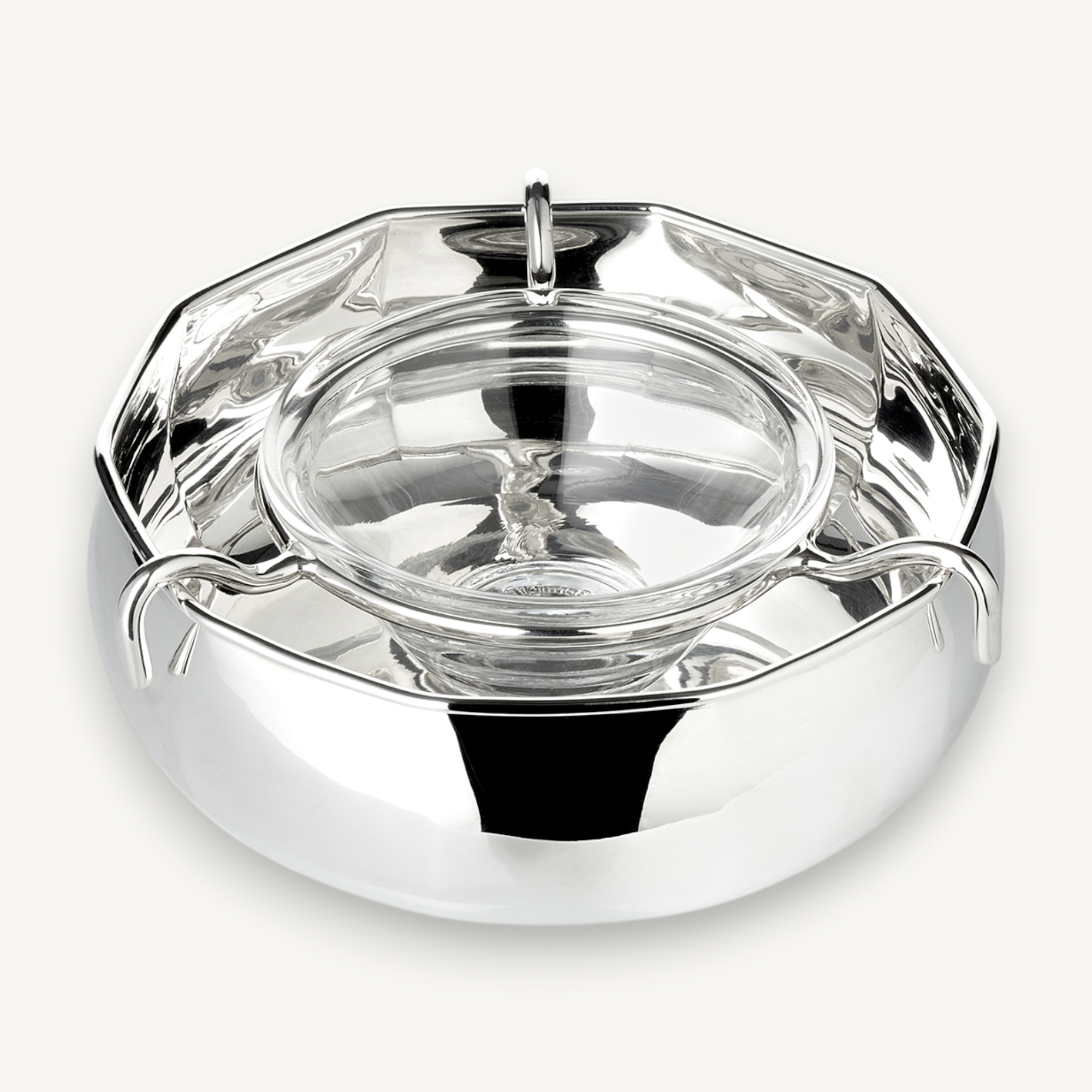 Kaviarschale Ten mit Glaseinsatz (Höhe 4 cm, Ø 14 cm), 10-eckig, silberfarben, schwerversilbert