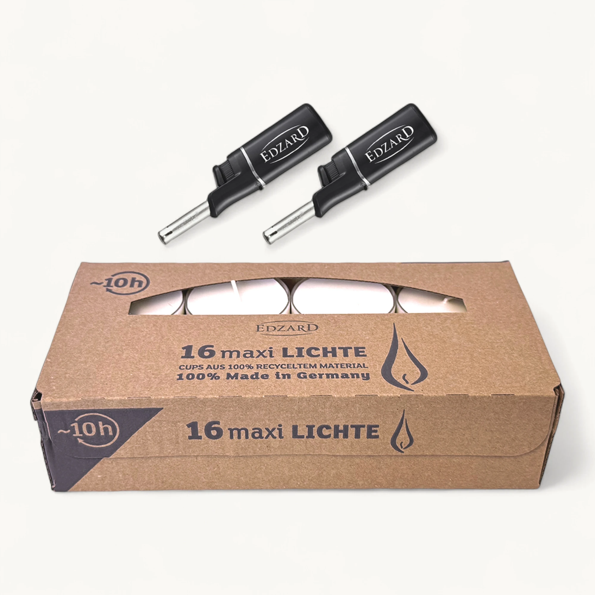 Set 16 Maxi Teelichter ø 58 mm, weiß, ohne Duft, Aluminiumhülle, Brenndauer 10 Stunden - plus 2 Mini-Stabfeuerzeuge Länge 11 cm