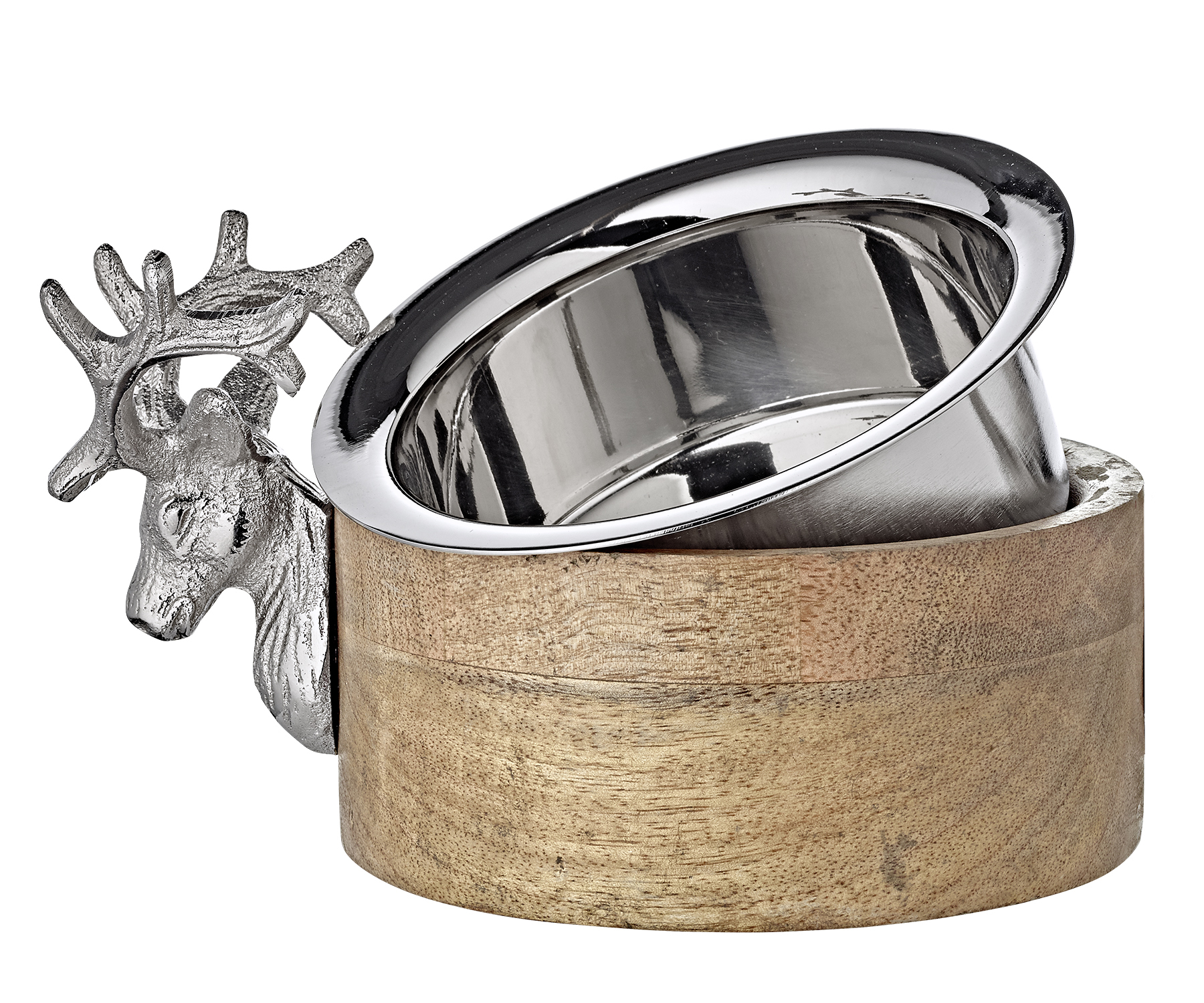 Schale, Flaschenuntersetzer Hirsch (Ø13 cm), Mangoholz, Aluminium vernickelt