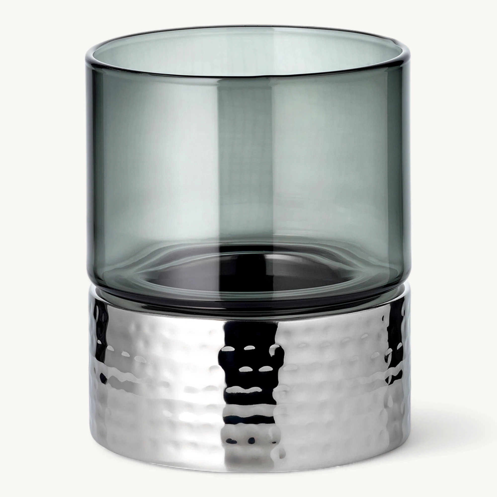 Kerzenleuchter Cosmo (Höhe 13 cm), dunkles Glas, gehämmert, Edelstahl, hochglanzpoliert