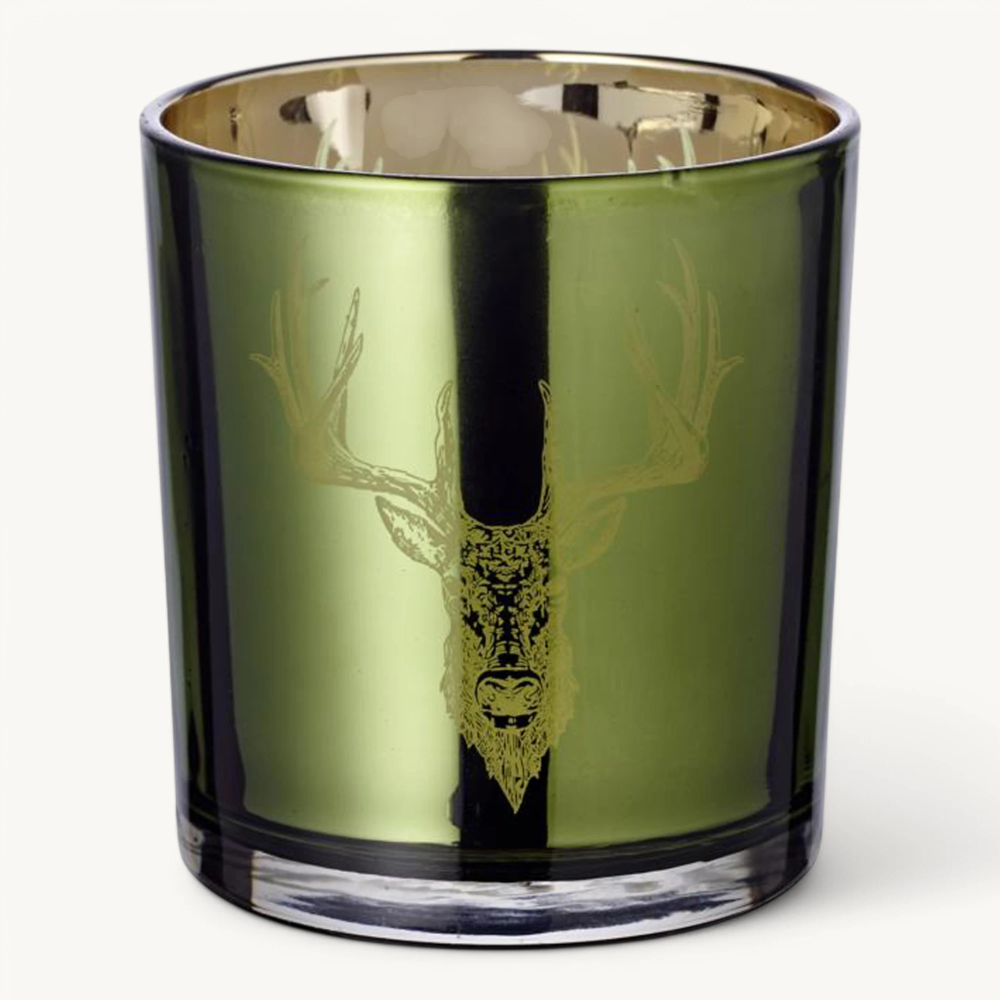 2er-Set Teelichtglas Ted (Höhe 8 cm), grün & goldfarben, Hirsch-Motiv