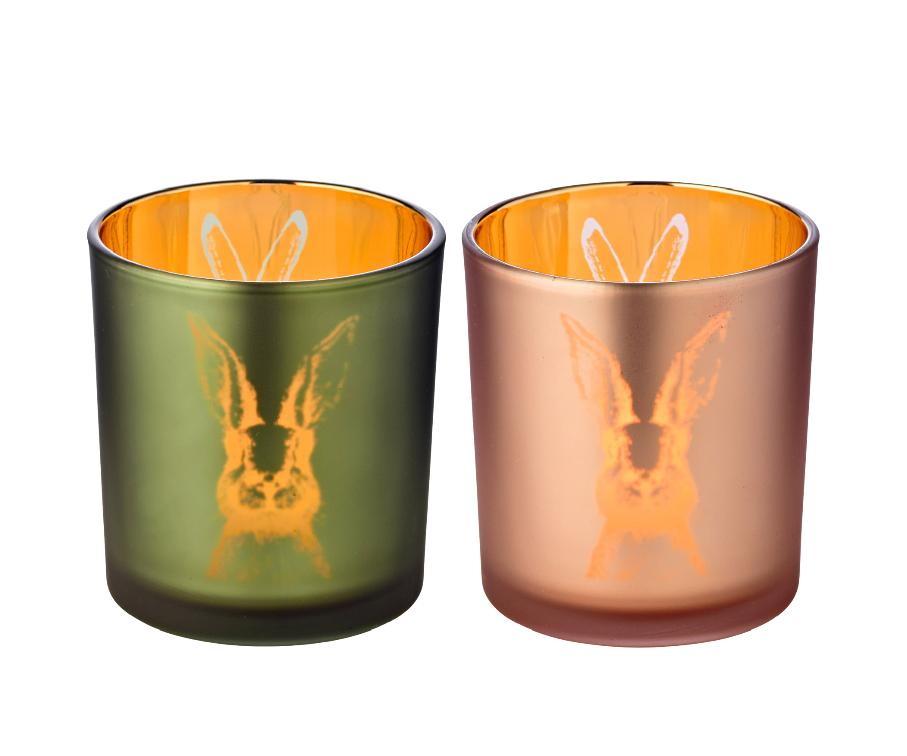 2er-Set Teelichtglas Hase (Höhe 8 cm), grün & rosé, Hasen-Motiv