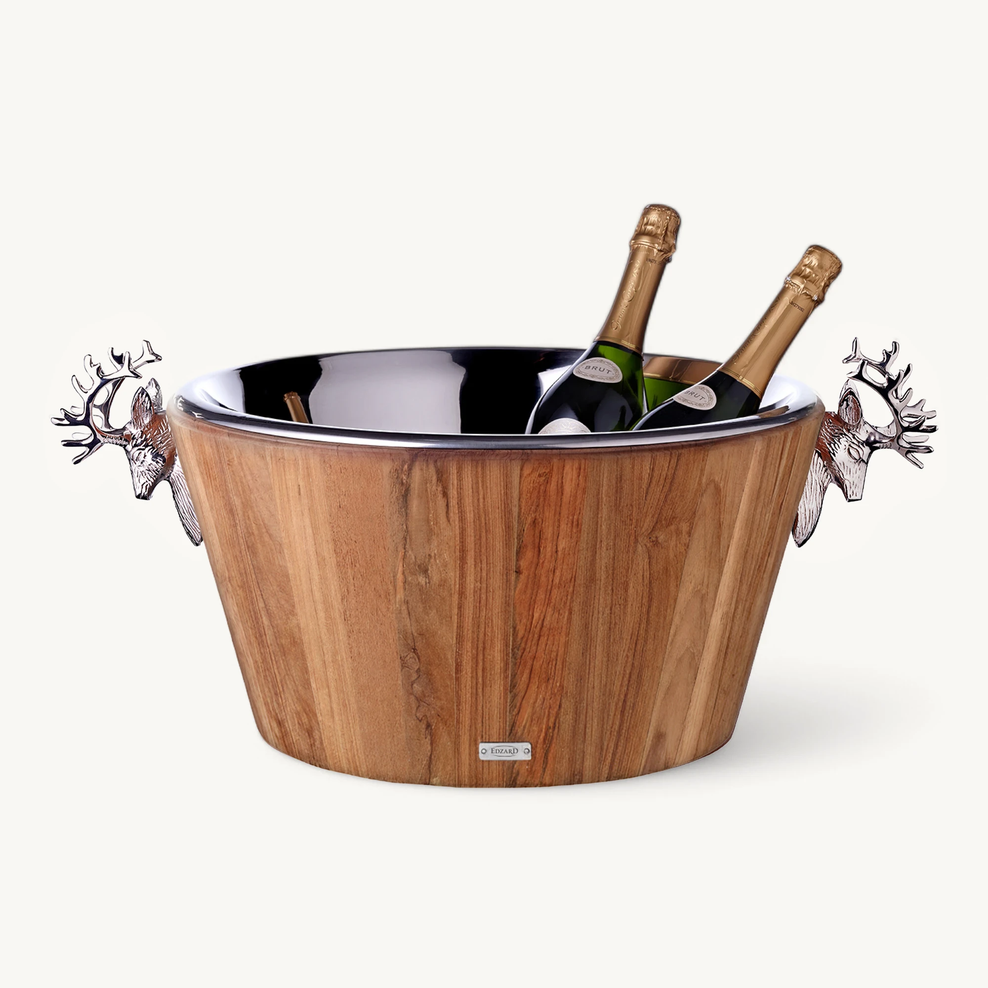 Flaschenkühler Franklin (Höhe 25 cm, Ø 47 cm), Teakholz, Edelstahl, glänzend vernickelt Flaschenkühler Franklin (Höhe 25 cm, Ø 47 cm), Teakholz, Edelstahl, glänzend vernickelt