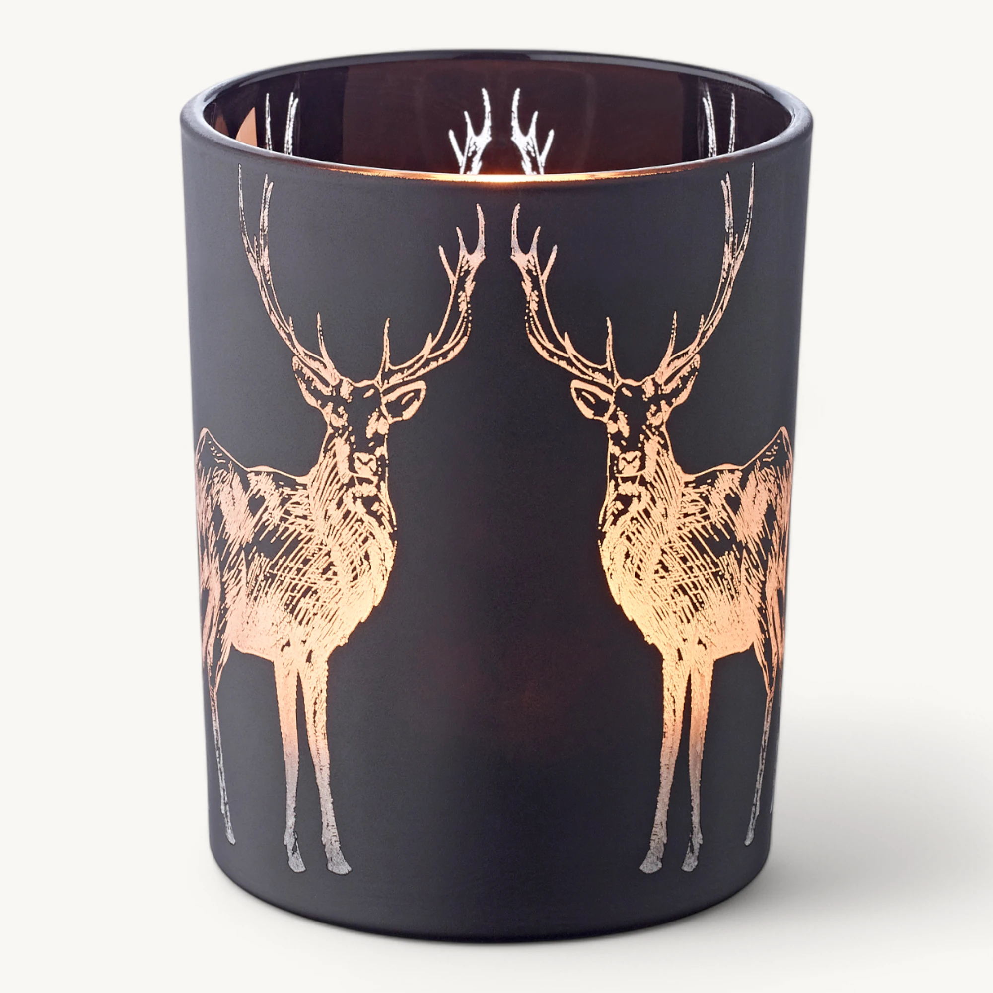 Teelichtglas Tiu (Höhe 13 cm), schwarz, Hirsch-Motiv