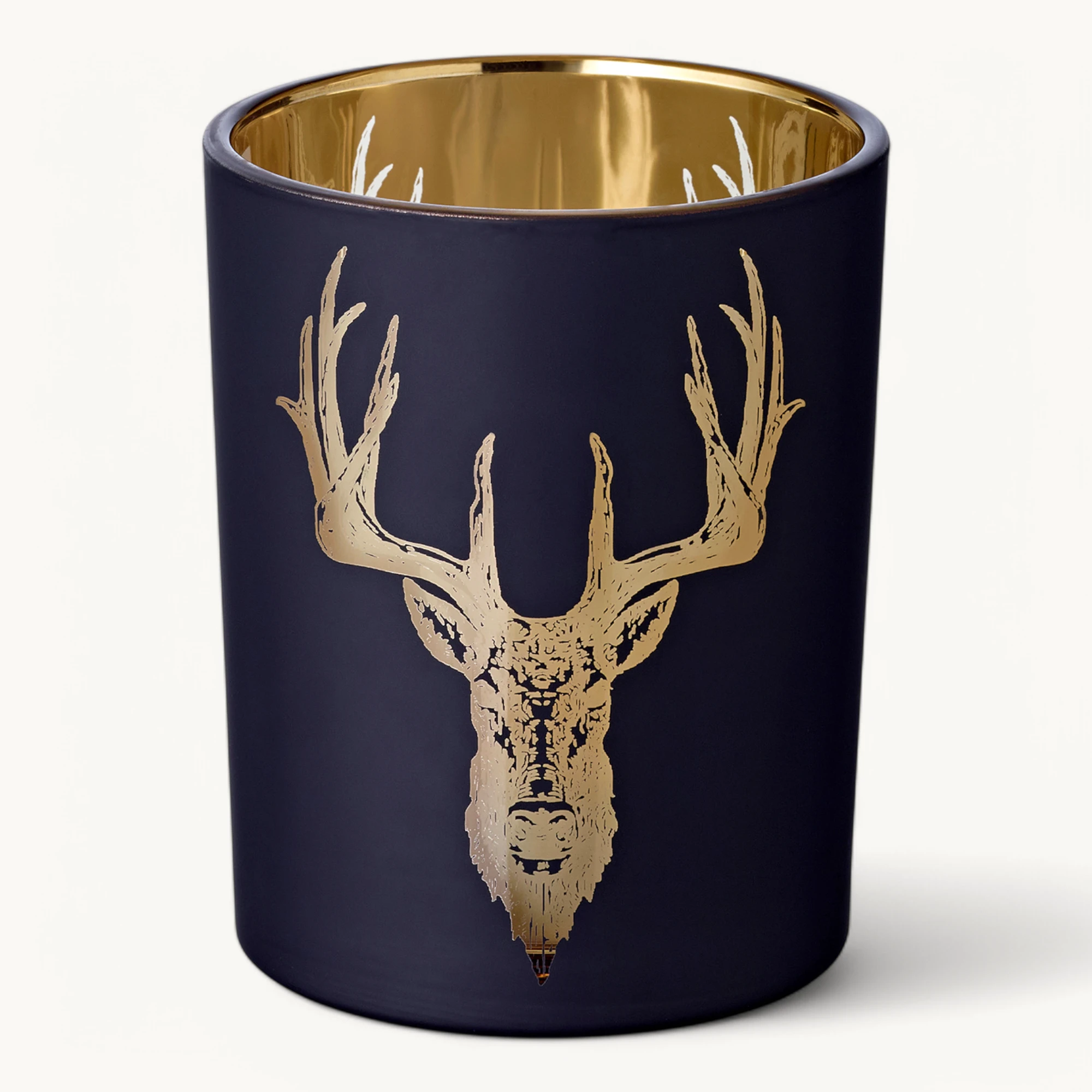 Teelichtglas Lio (Höhe 13 cm), schwarz & goldfarben, Hirsch-Motiv