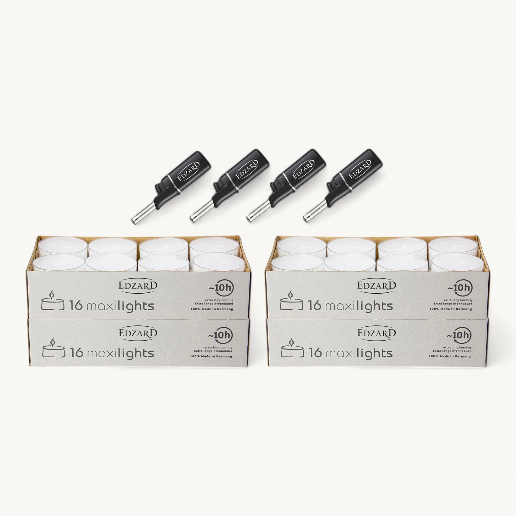 64 Maxi Teelichter ø 58 mm, weiß, ohne Duft, Aluminiumhülle, Brenndauer 10 Stunden - plus 4 Mini-Stabfeuerzeuge Länge 11 cm