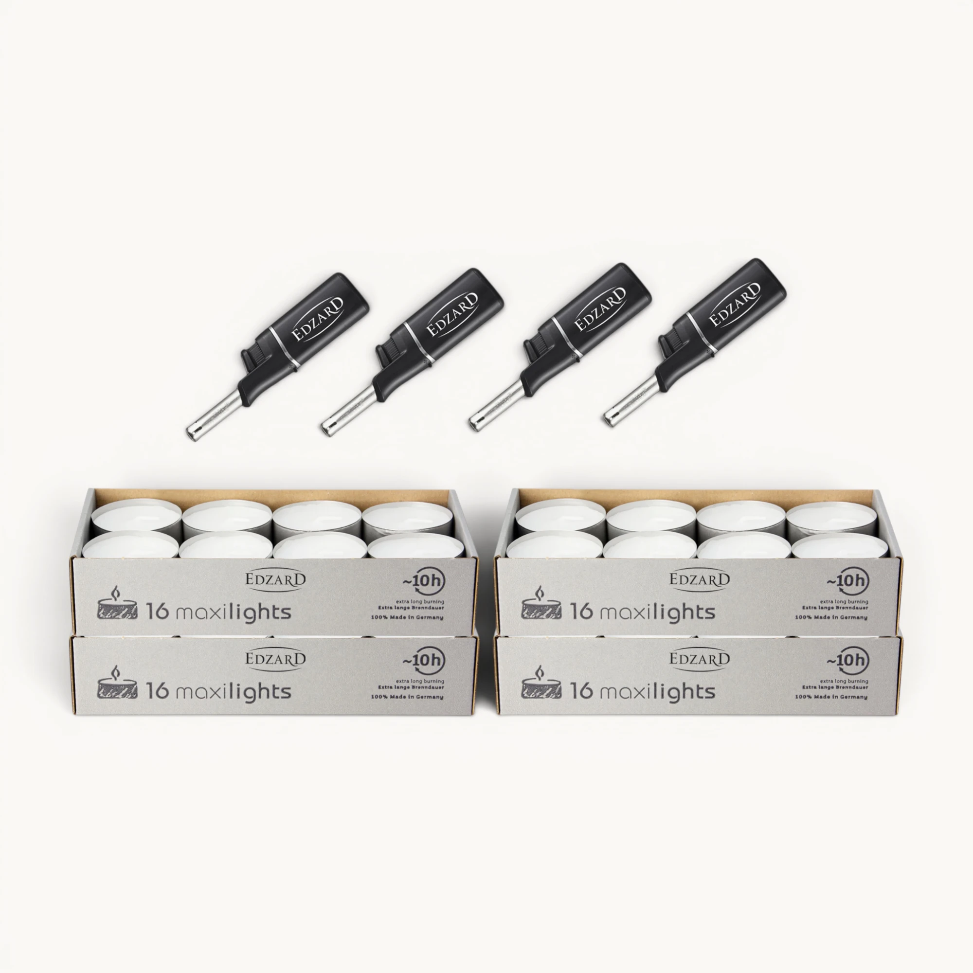 64 Maxi Teelichter ø 58 mm, weiß, ohne Duft, Aluminiumhülle, Brenndauer 10 Stunden - plus 4 Mini-Stabfeuerzeuge Länge 11 cm