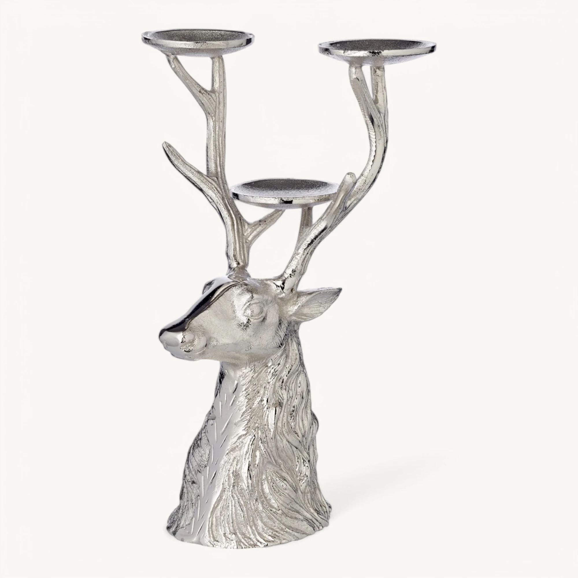 Kerzenleuchter Hirsch (Höhe 32 cm), silberfarben, Aluminium vernickelt, für 3 Stumpenkerzen ø 6 cm