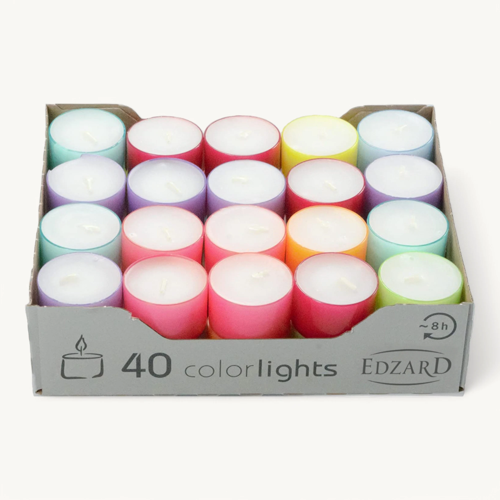 40 Stück Colorlights Summer Teelichter, weiß, bunte Kunststoffhülle, Brenndauer ca. 8 h