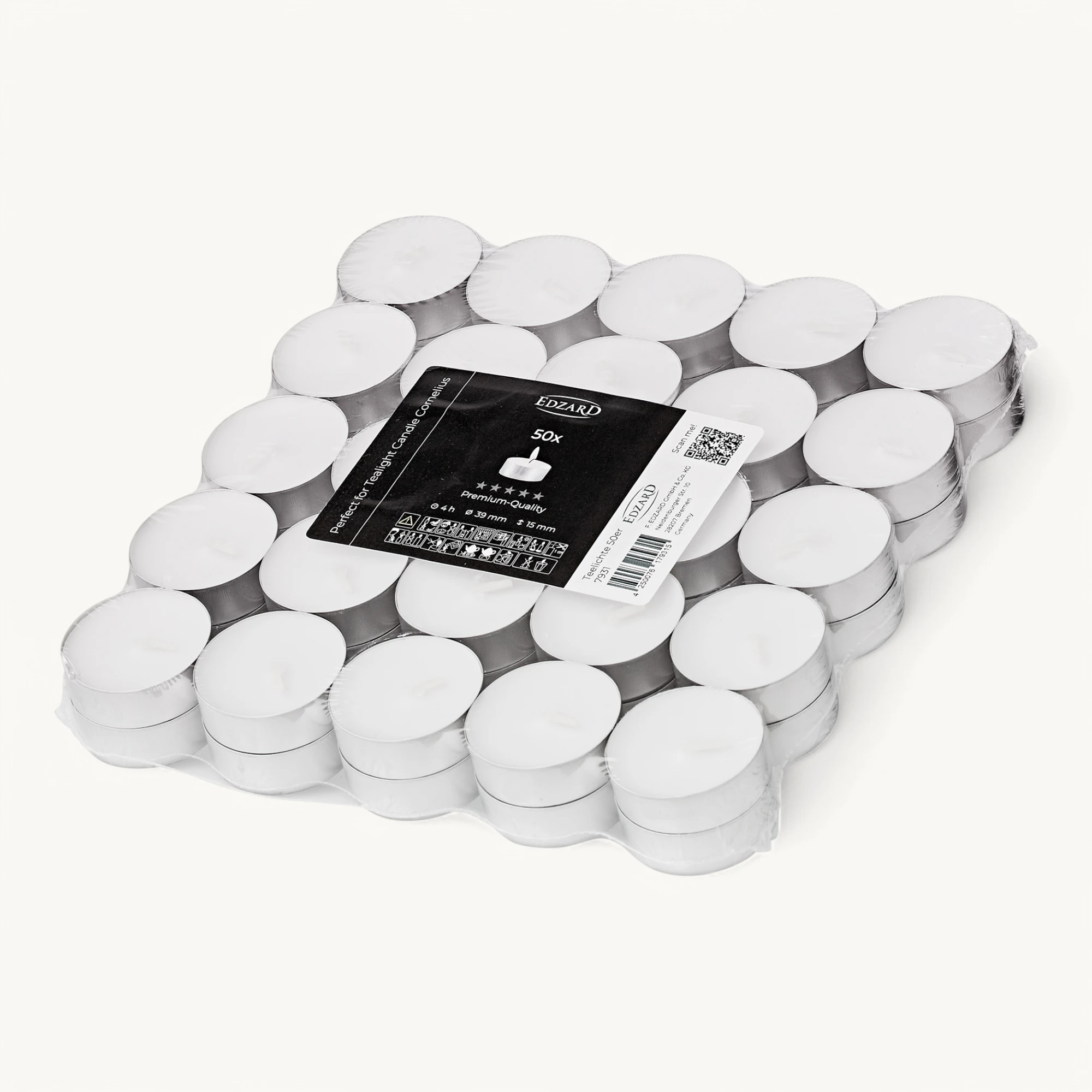 50 Stück Teelichter, weiß, Premium Wachs, Aluminiumhülle, Brenndauer ca. 4h