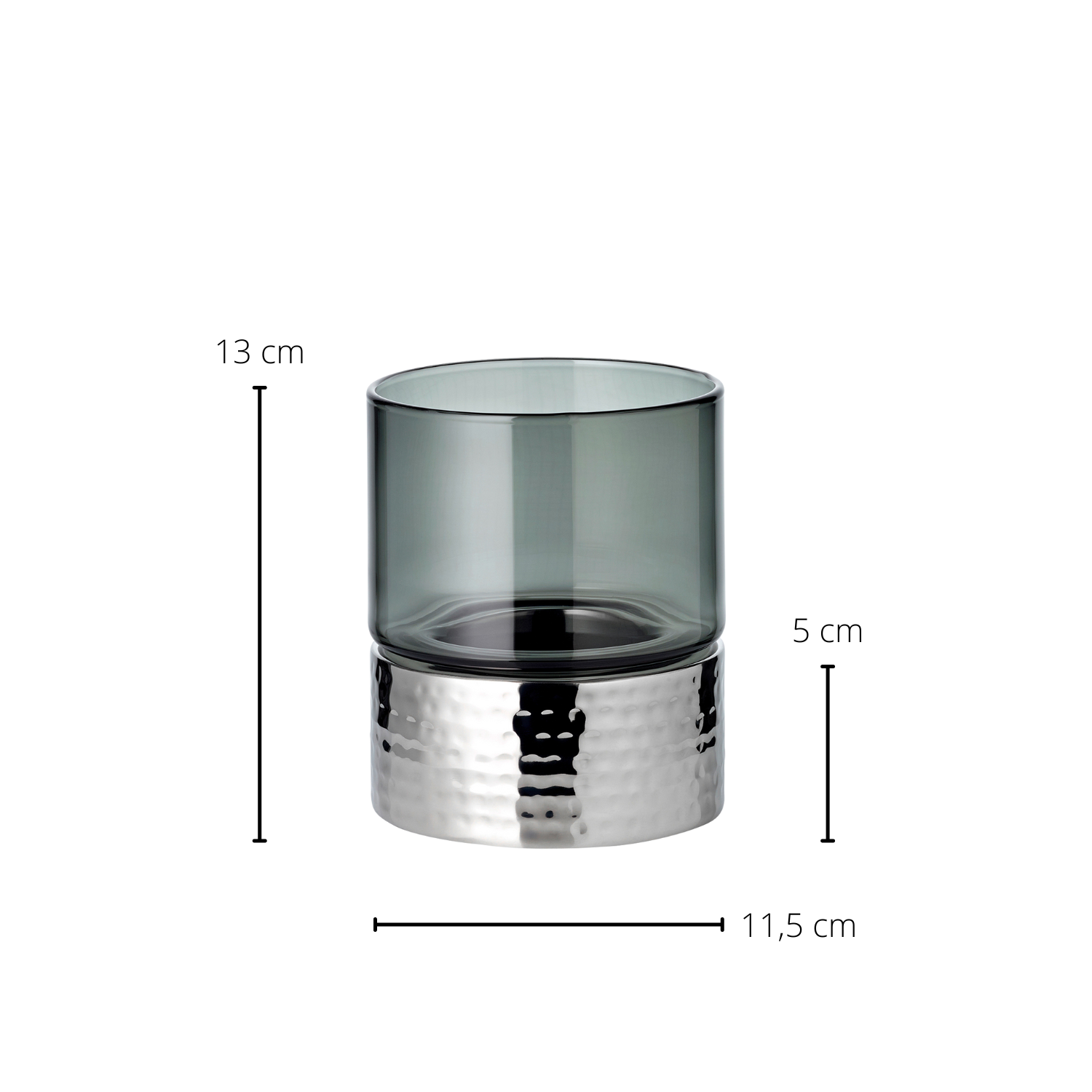 Kerzenleuchter Cosmo (Höhe 13 cm), dunkles Glas, gehämmert, Edelstahl, hochglanzpoliert