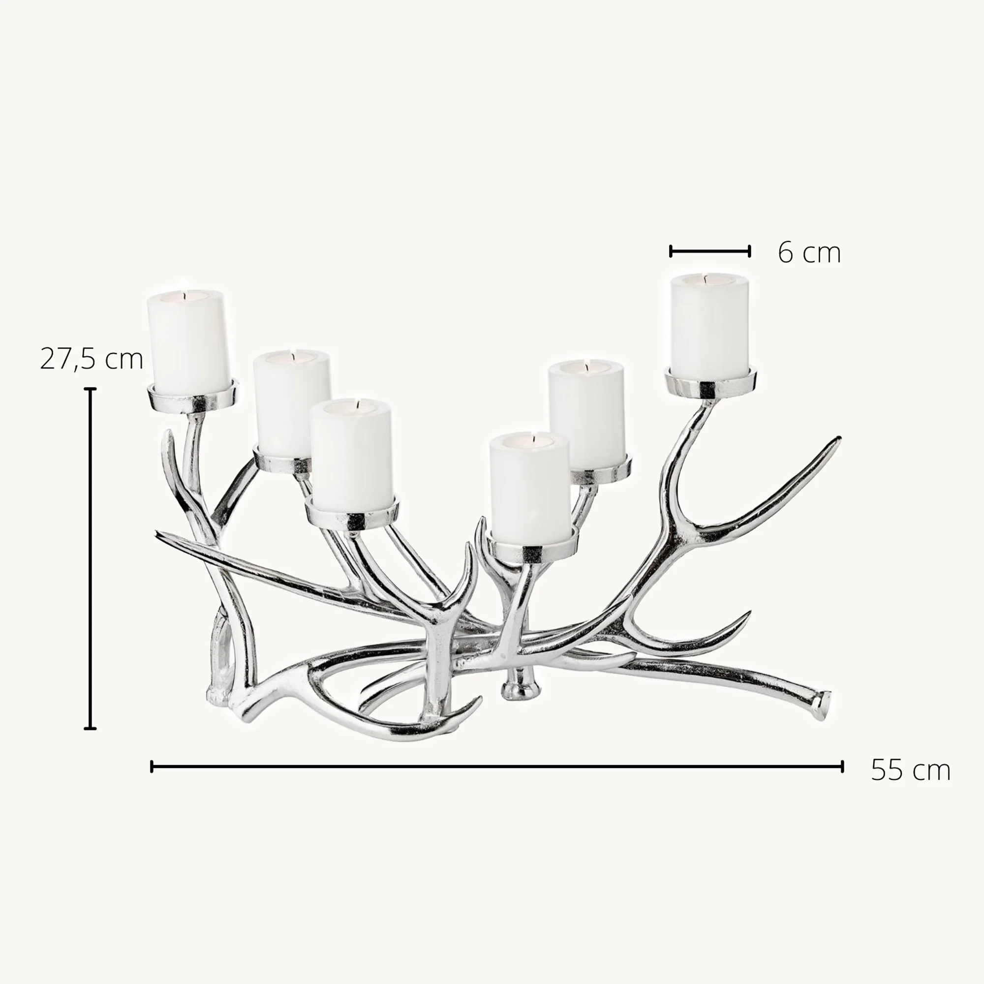 Kerzenleuchter James (Höhe 27,5 cm, Länge 55 cm), Aluminium vernickelt, für Stumpenkerzen ø 6 cm Kerzenleuchter James (Höhe 27,5 cm, Länge 55 cm), Aluminium vernickelt, für Stumpenkerzen ø 6 cm
