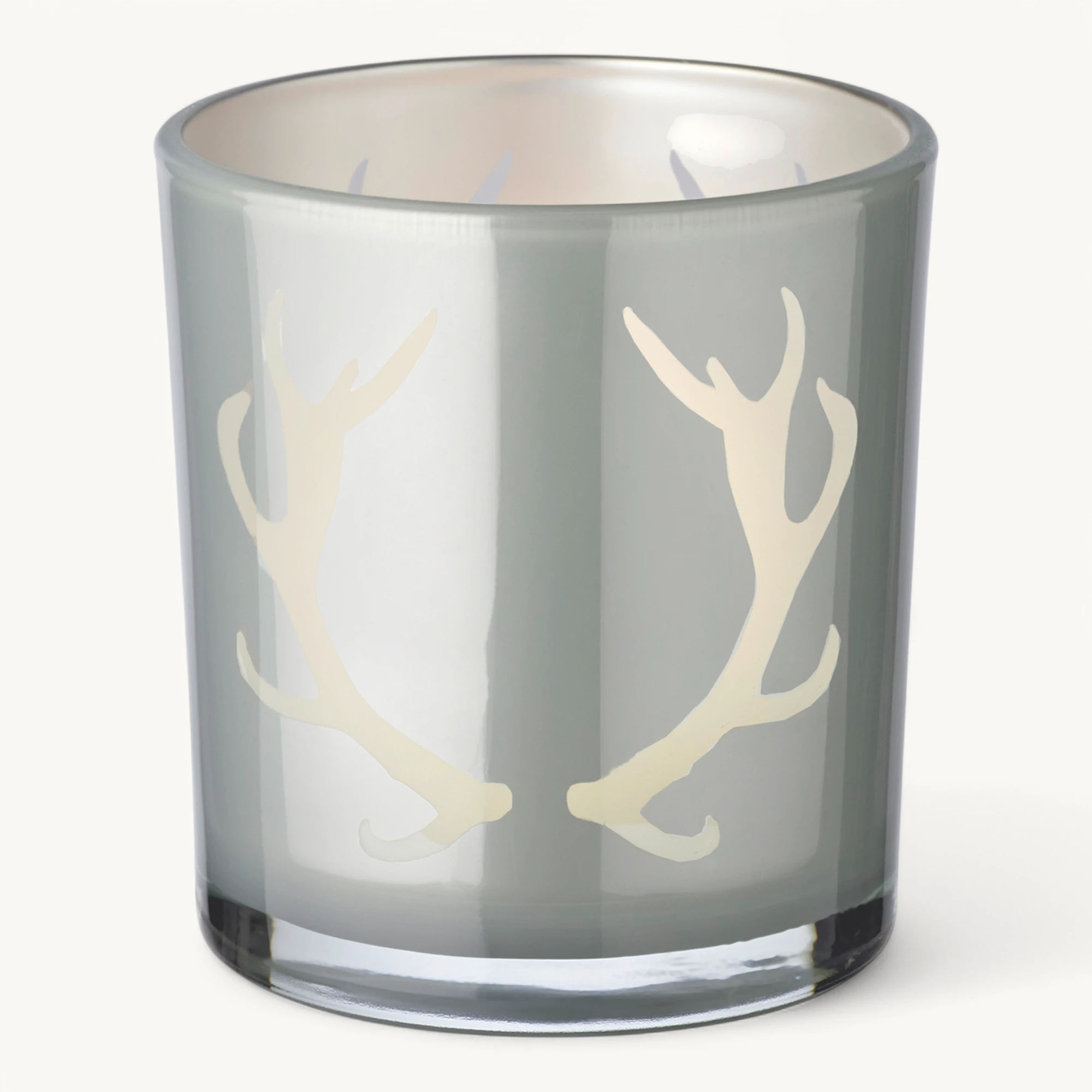 2er-Set Teelichtglas Ati (Höhe 8 cm), grau, Geweih-Motiv