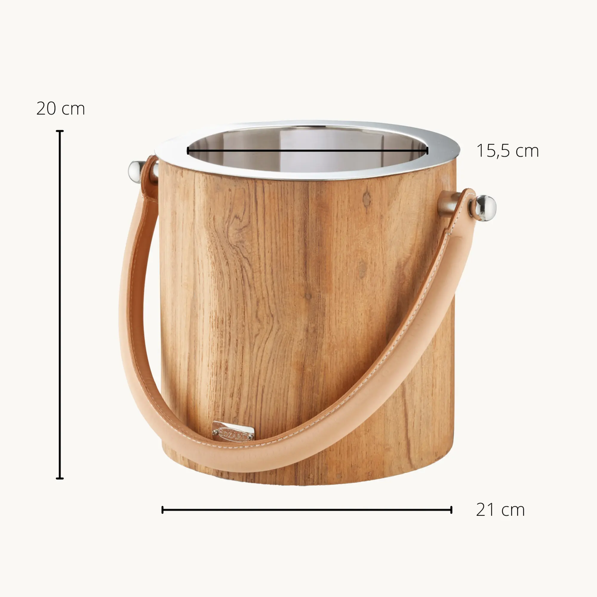 Eiseimer Havanna (Höhe 20 cm), Ledergriff, außen Teakholz, Edelstahl, glänzend vernickelt
