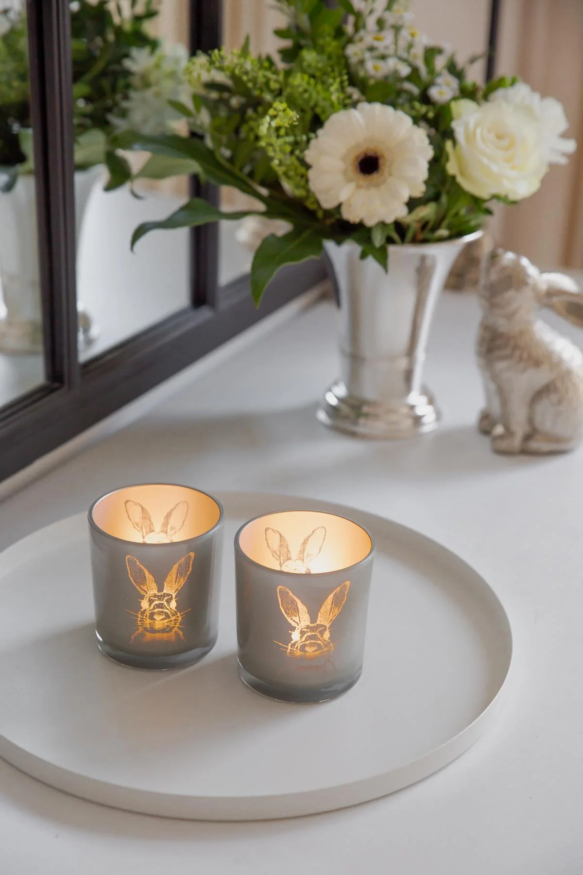 2er-Set Teelichtglas Hase (Höhe 8 cm), grau, Hasen-Motiv