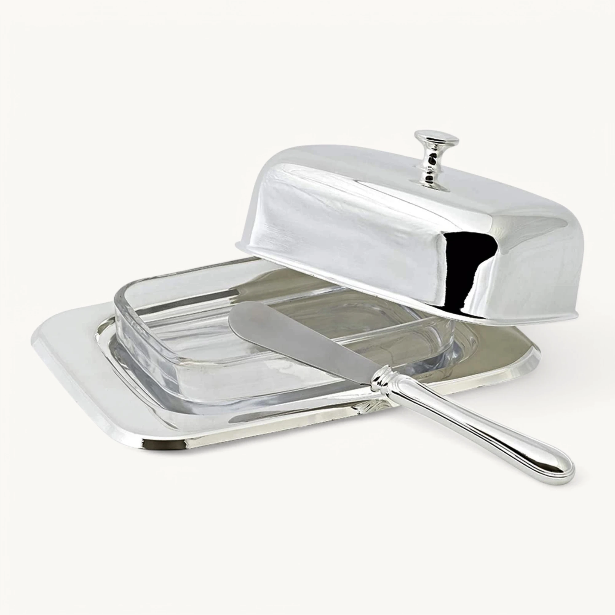 Butterdose Mista (250 g Butter), edel versilbert, mit Glasschale und Buttermesser