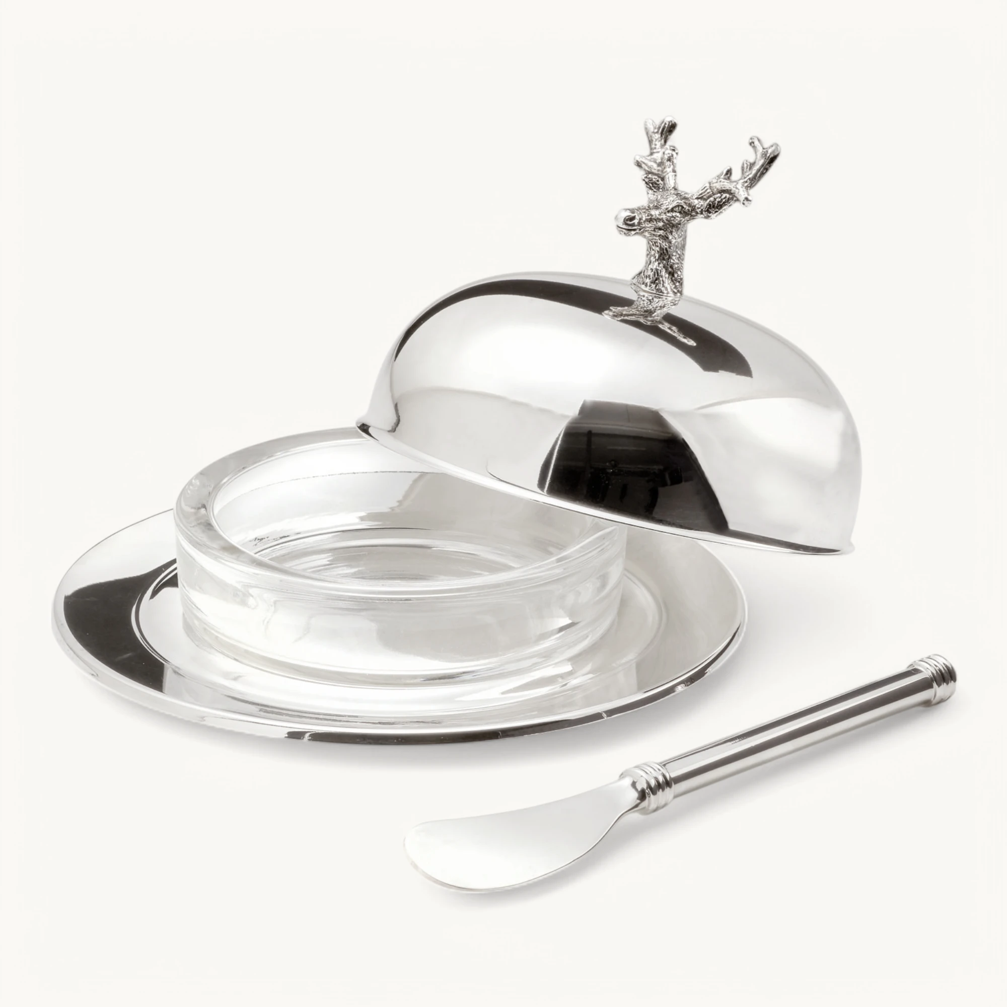 SALE Butterglocke Hirsch (130 g Butter), Hirsch-Figur, edel versilbert, mit Glasschale & Buttermesse