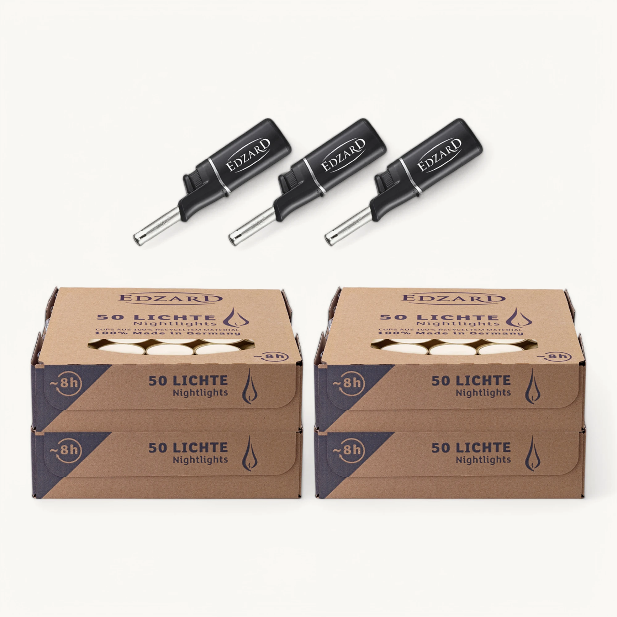 Set 200 Teelichter (8 Stunden) weiß, ohne Duft - plus 3 Mini-Stabfeuerzeuge - Teelichtkerzen für Teelichtglas, Laterne, Stövchen