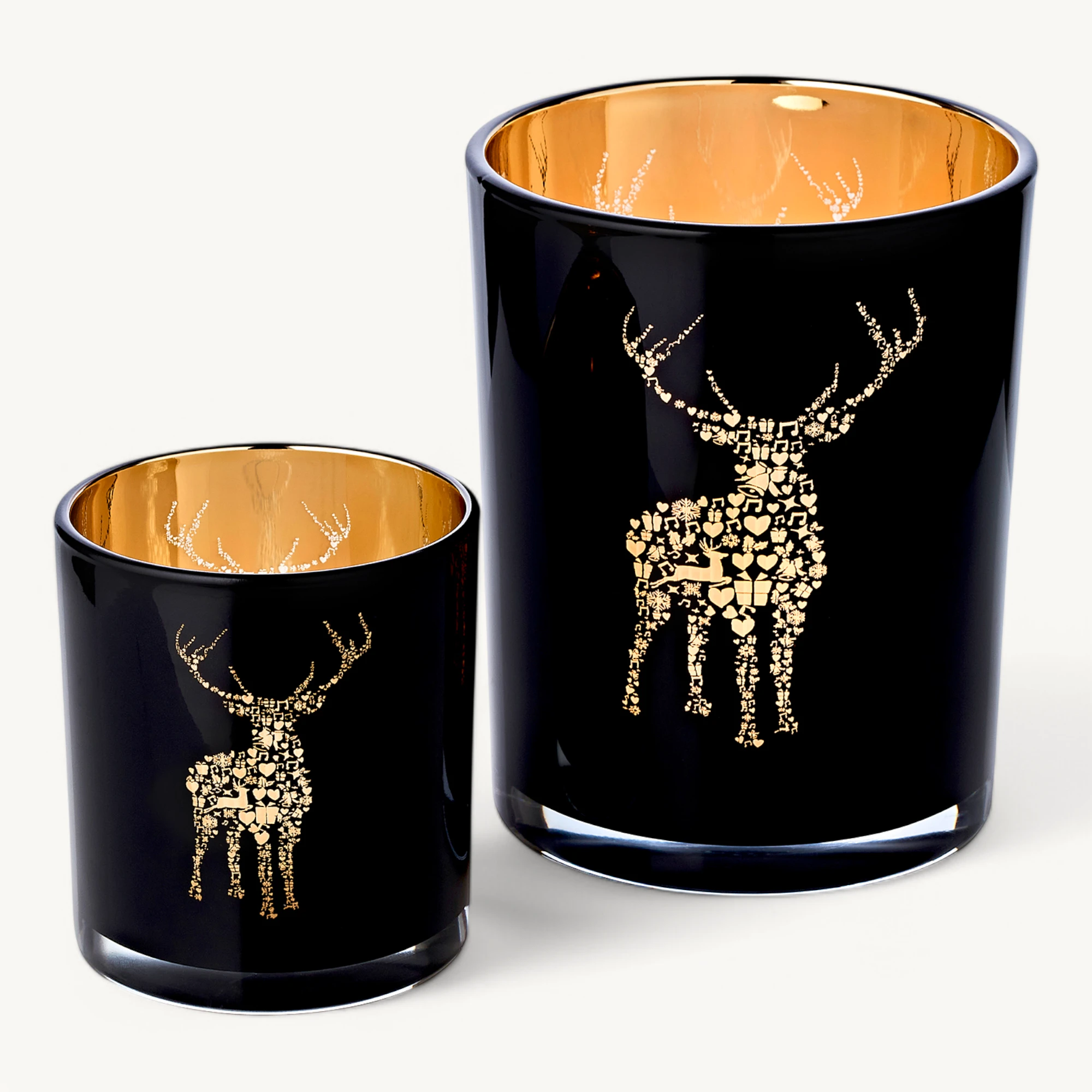 2er-Set Teelichtglas Fancy (Höhe 8 cm), schwarz & goldfarben, Hirsch-Motiv