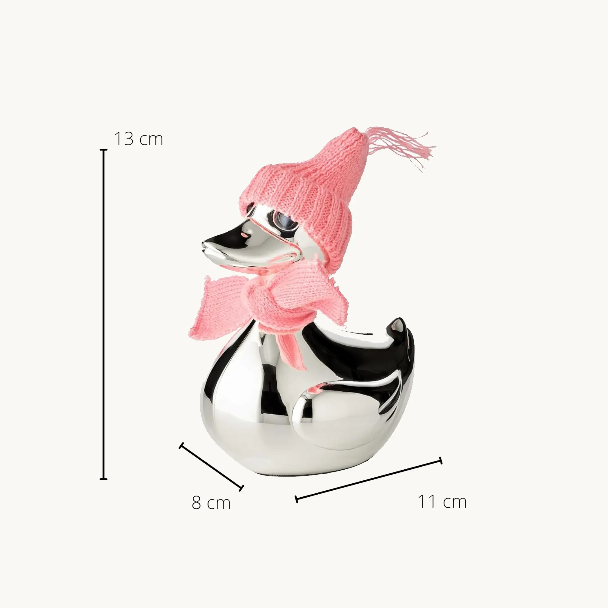 Spardose Ente, edel versilbert, anlaufgeschützt, Höhe 13 cm, mit Schal & Mütze in rosa und hellblau