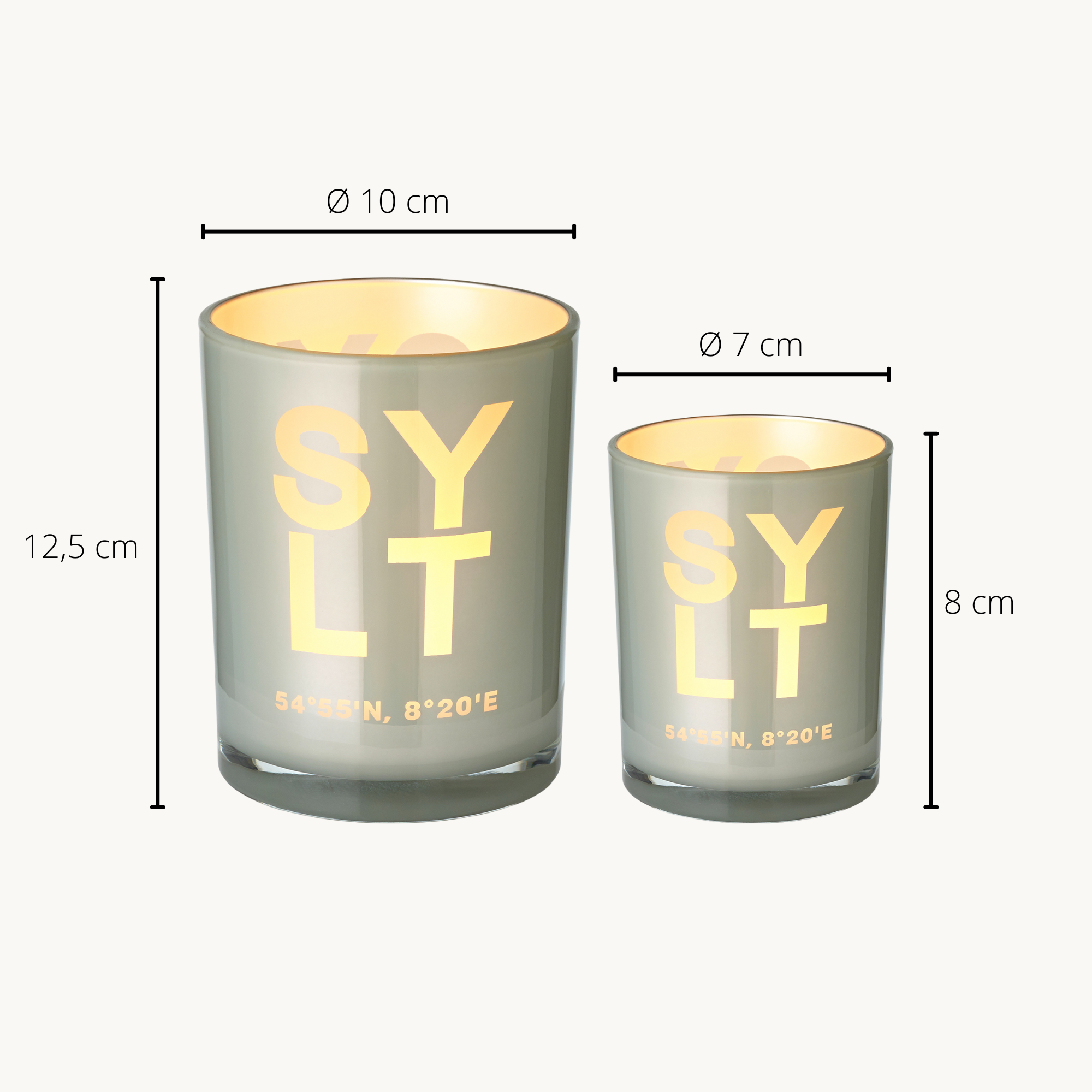 2er-Set Teelichtglas Sylt (Höhe 8 & 12,5 cm), grau, Sylt-Motiv