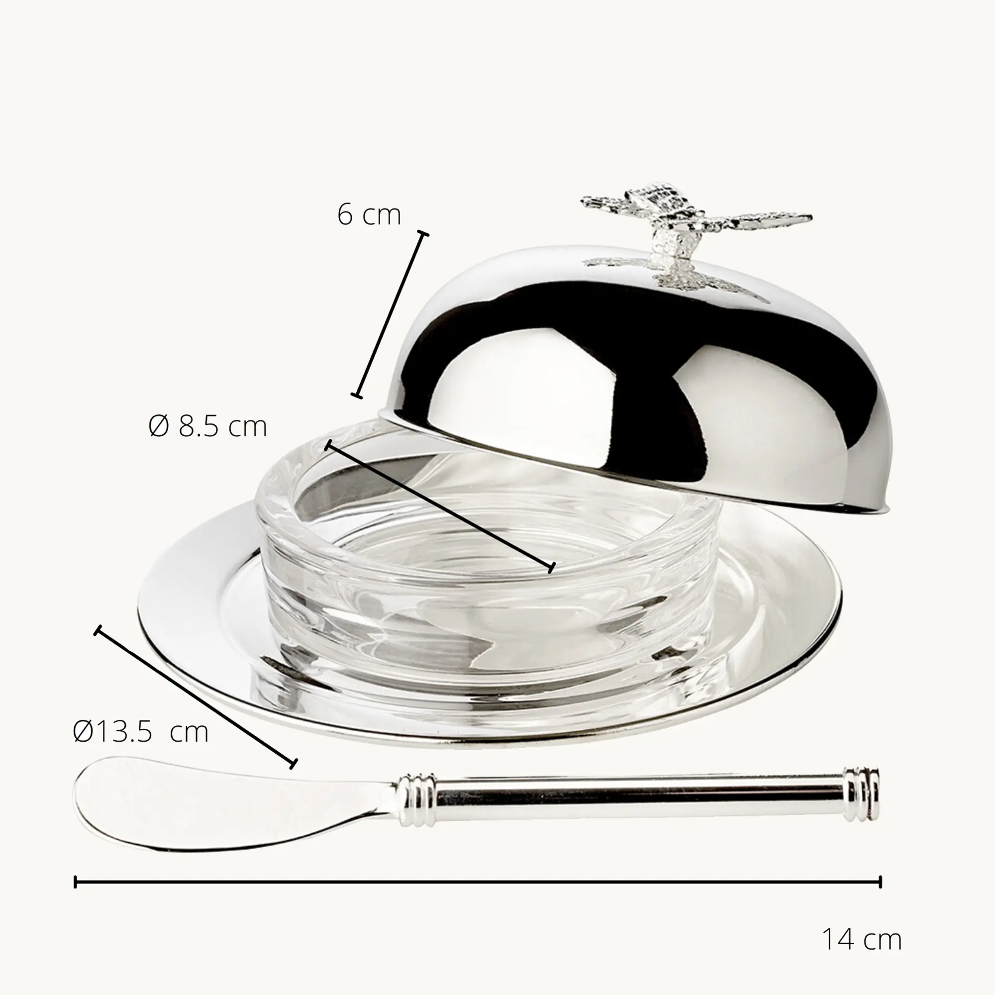 Butterglocke Butterfly (130 g Butter), Schmetterling-Figur, edel versilbert, mit Glasschale & Messer