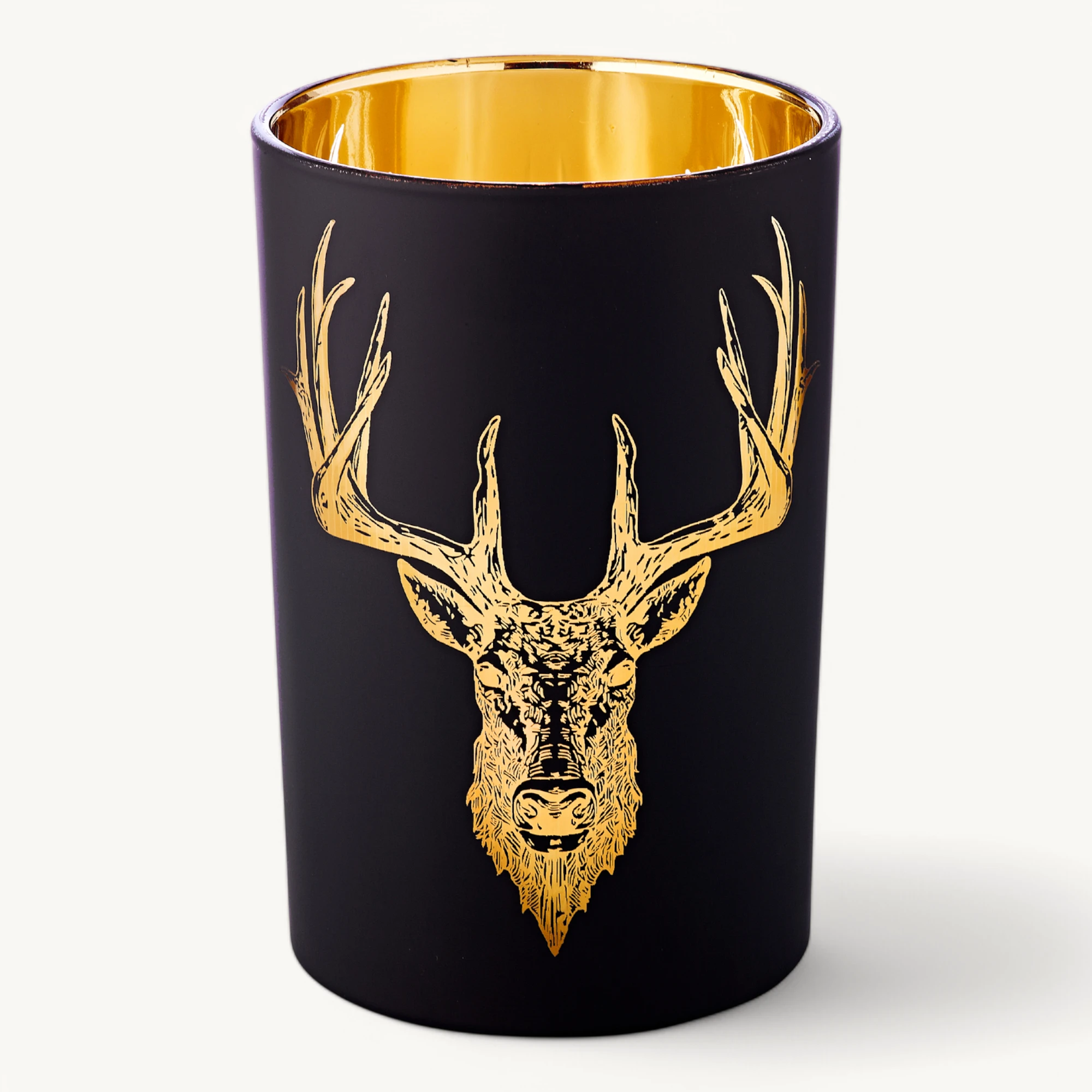 Teelichtglas Lio (Höhe 18 cm), schwarz & goldfarben, Hirsch-Motiv