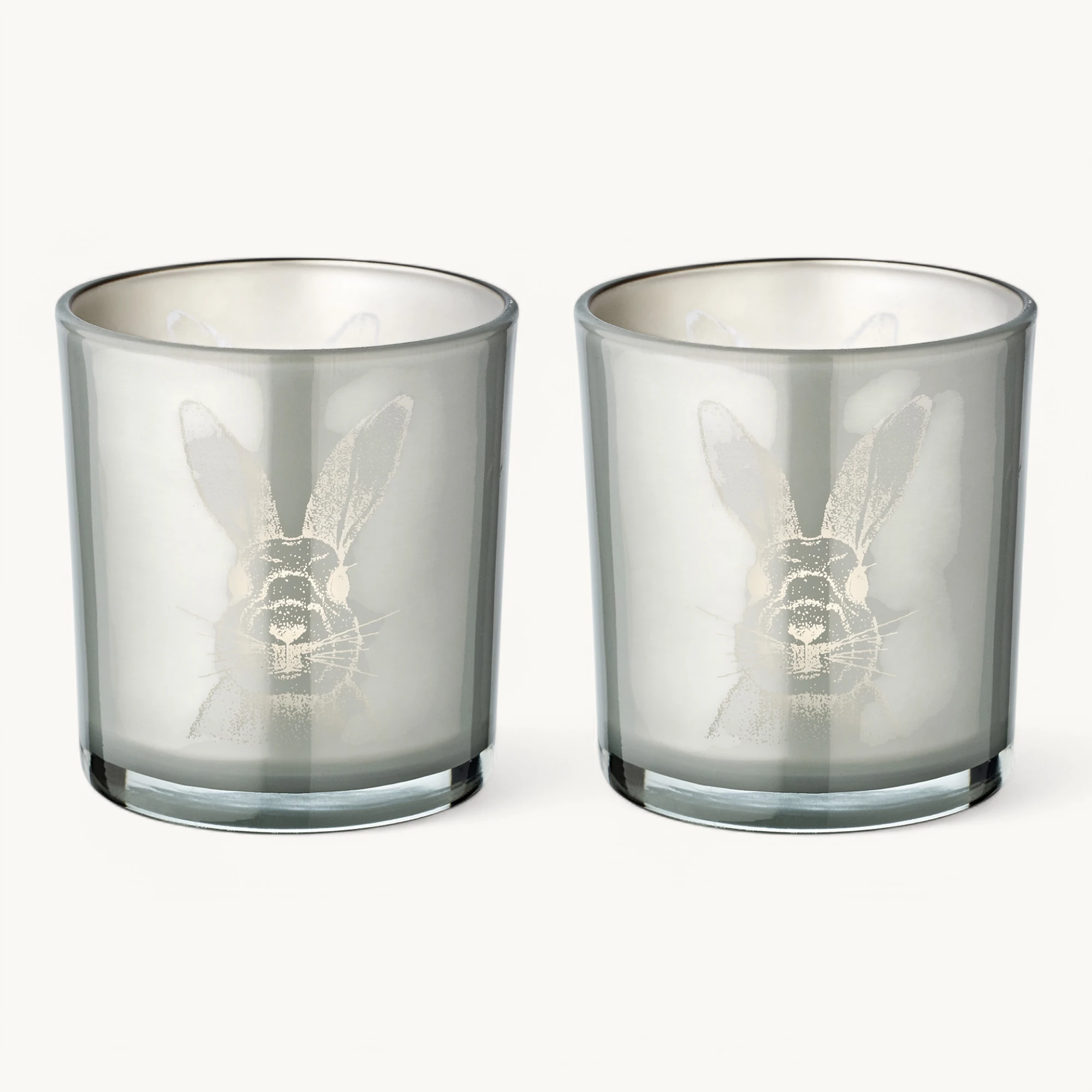 2er-Set Teelichtglas Hase (Höhe 8 cm), grau, Hasen-Motiv
