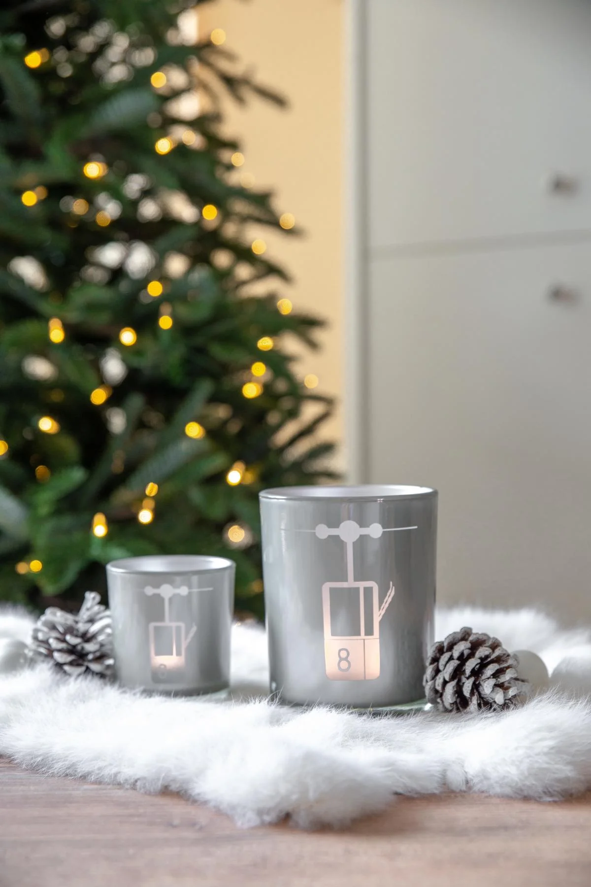 2er-Set Teelichtglas Lift (Höhe 8 cm), grau, Skilift-Motiv