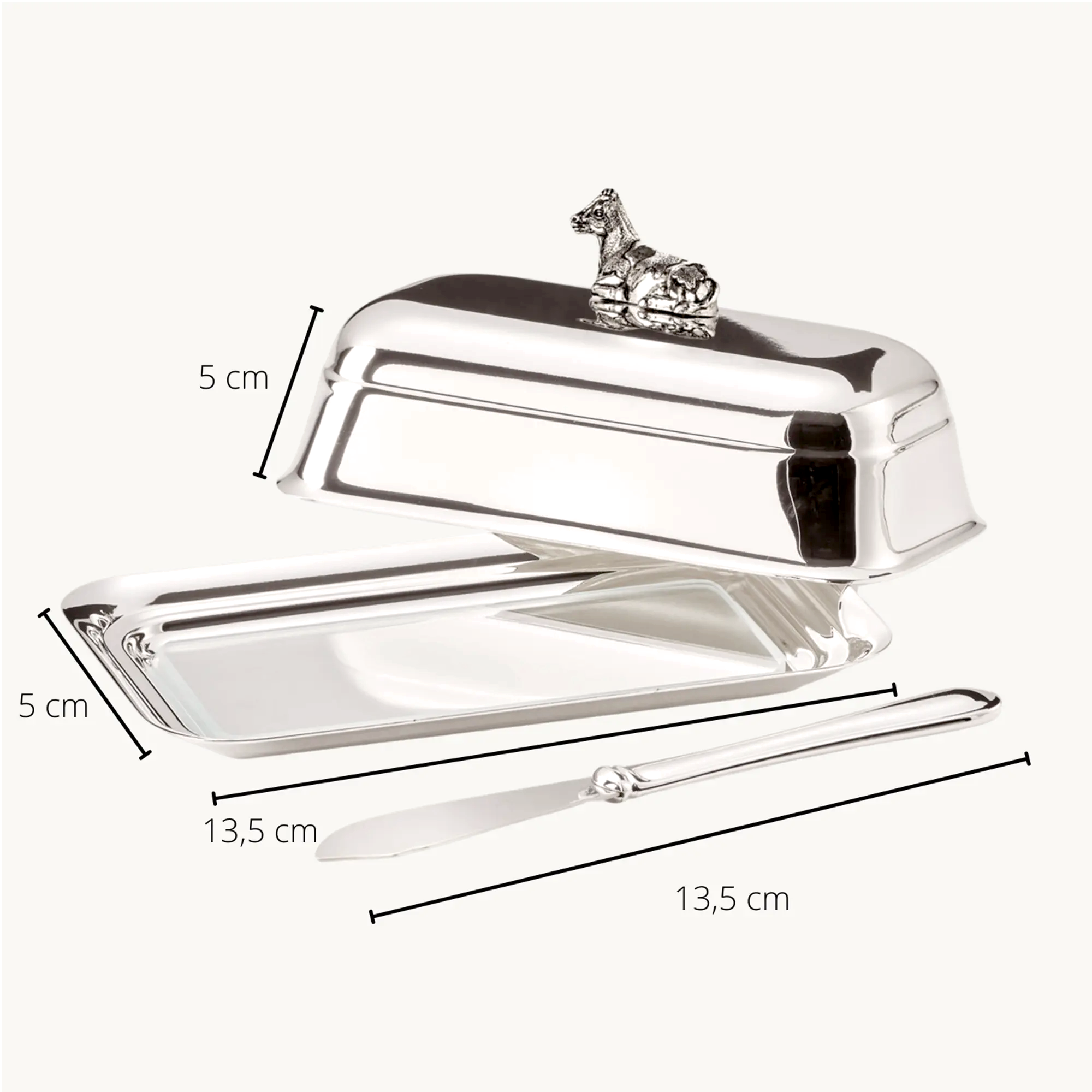 Butterdose Kuh 18x13 cm, Silberglanz, mit Buttermesser