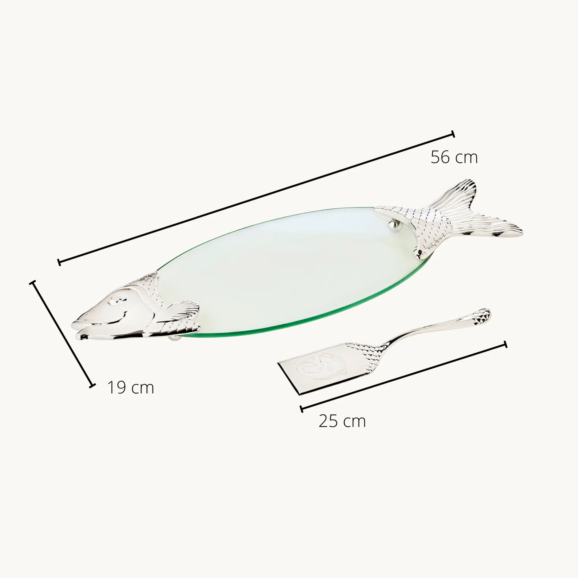 Fischplatte Salmon, Glas, edel versilberte Elemente, mit Heber, Länge 58 cm