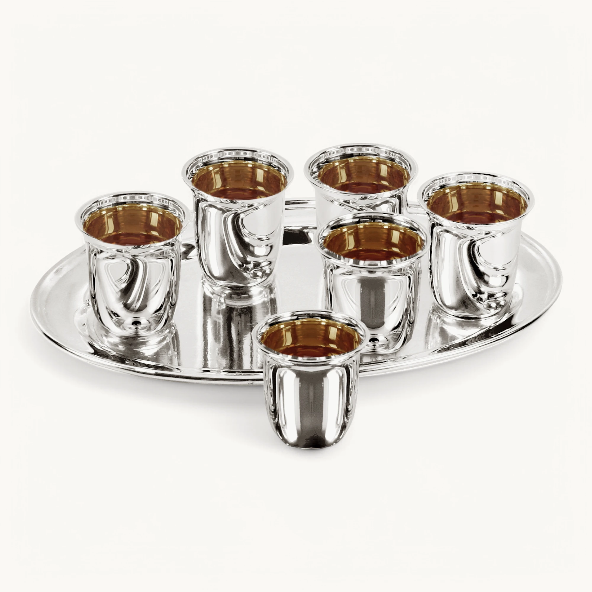 Schnapsset 7-teilig, 6 Becher und Tablett, schwerversilbert, 22x15 cm, Becher H 5 cm, Füllmenge 4 cl