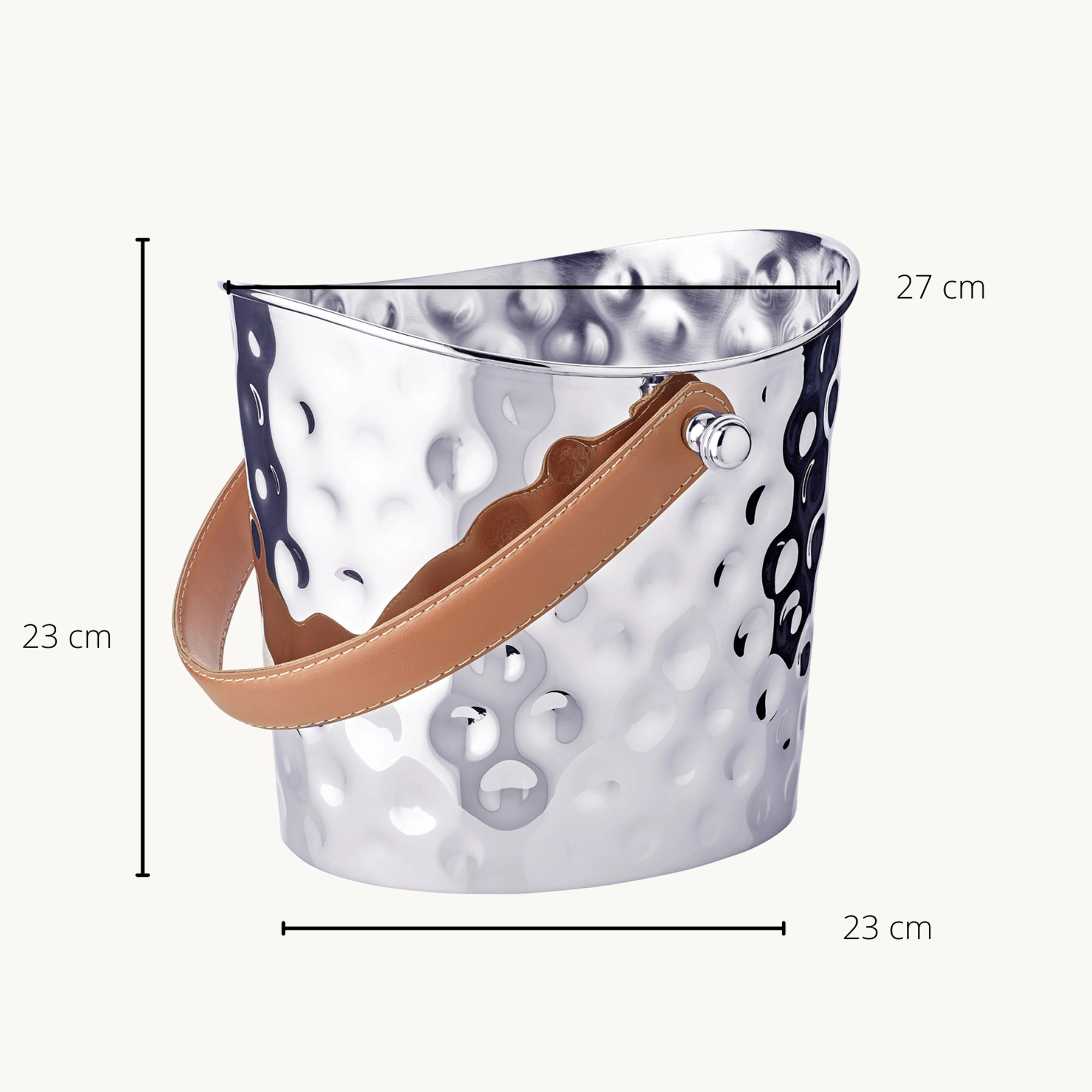 Eiseimer Gilbert (Höhe 23 cm), brauner Ledergriff, gehämmert, Messing, glänzend vernickelt Eiseimer Gilbert (Höhe 23 cm), brauner Ledergriff, gehämmert, Messing, glänzend vernickelt