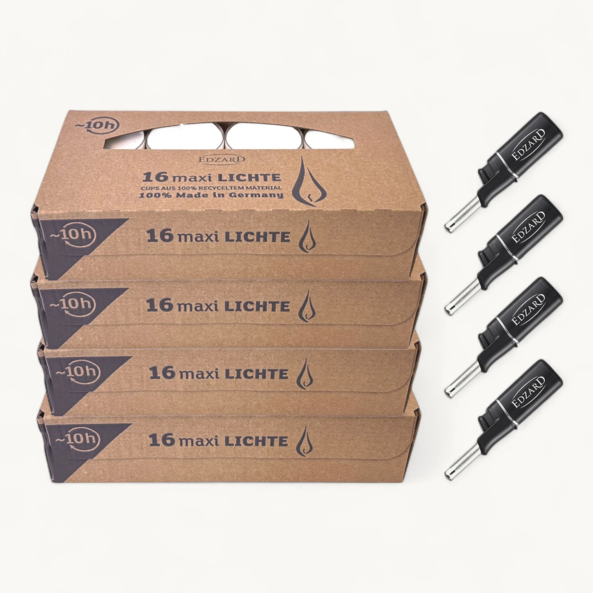 64 Maxi Teelichter ø 54 mm, weiß, ohne Duft, transparente farblose Kunststoffhülle, Brenndauer 10 Stunden - plus 4 Mini-Stabfeuerzeuge Länge 11 cm