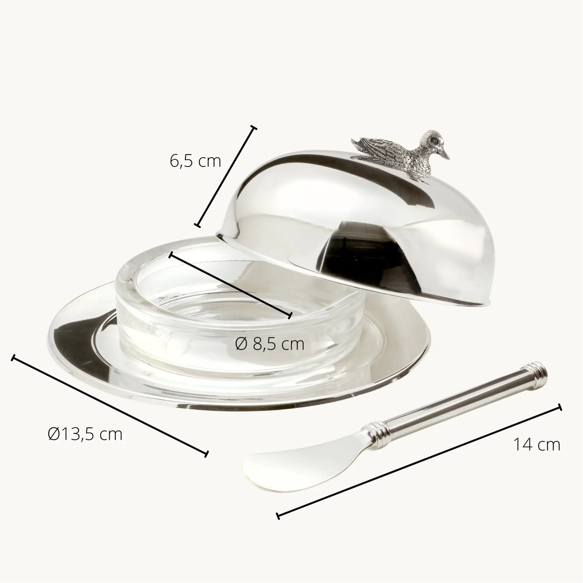 Butterglocke Ente (130 g Butter), Enten-Figur, edel versilbert, mit Glasschale & Buttermesser