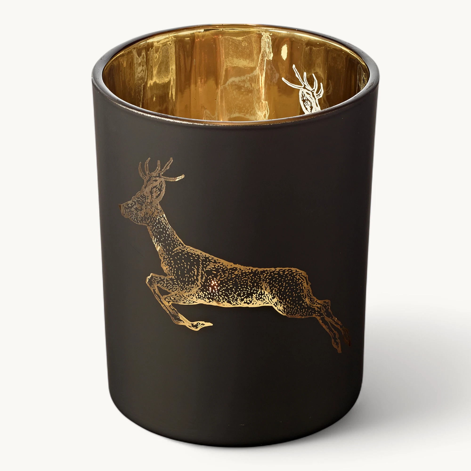 SALE Teelichtglas Sammy (Höhe 13 cm), schwarz & goldfarben, Hirsch-Motiv