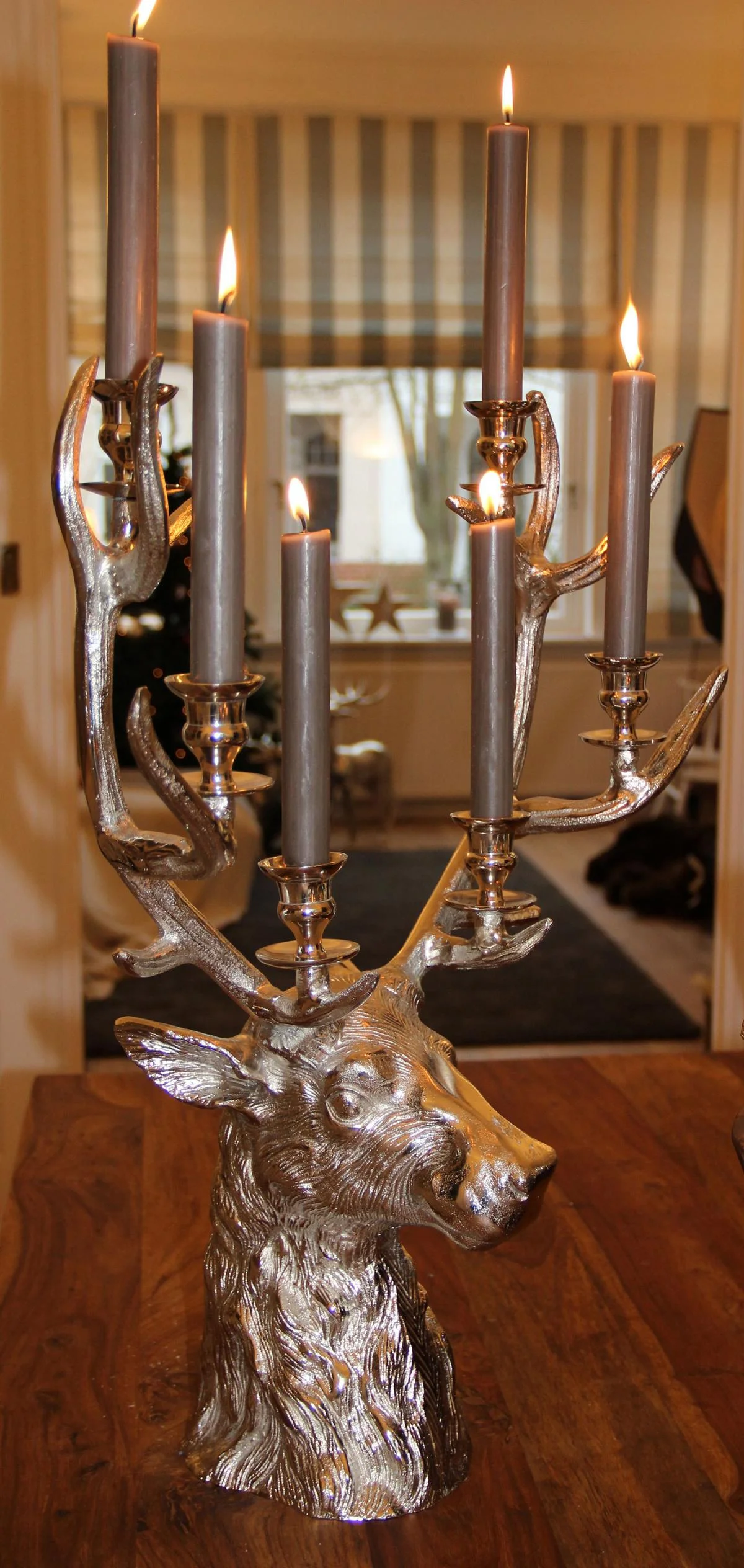 Kerzenleuchter Hirsch Richard (Höhe 65 cm), silberfarben, Aluminium vernickelt, für 6 Stabkerzen