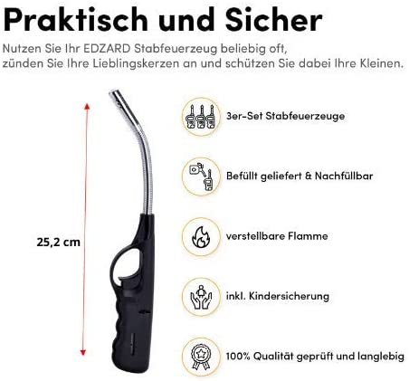 3er-Set Stabfeuerzeug Flexible (Länge 25 cm), flexibel biegsam, nachfüllbar