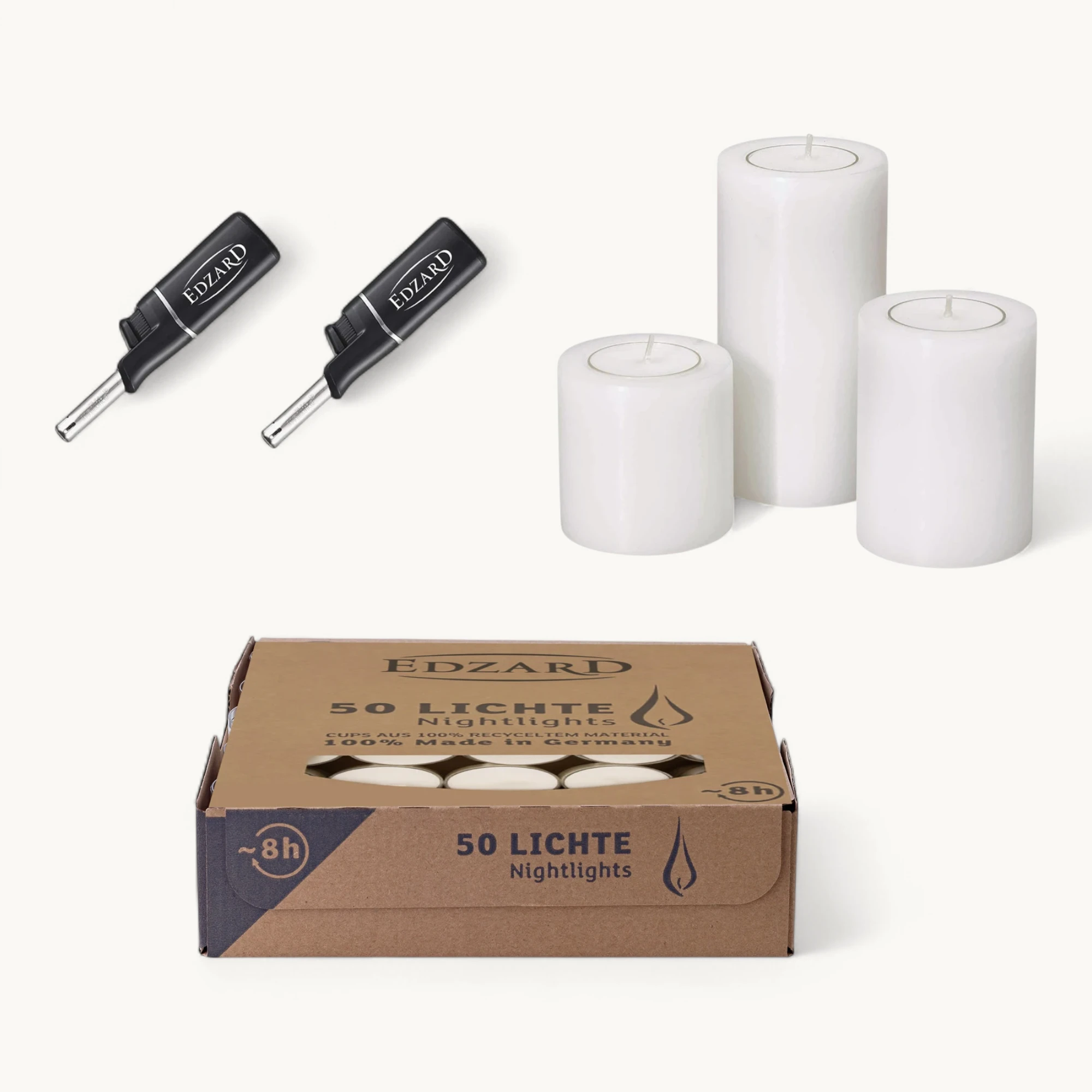 Set 3 Dauerkerzen Cornelius (Höhe 6/8/10 cm, ø 6 cm) in weiß, inkl. 50 Teelichter & 2 Mini-Stabfeuerzeuge