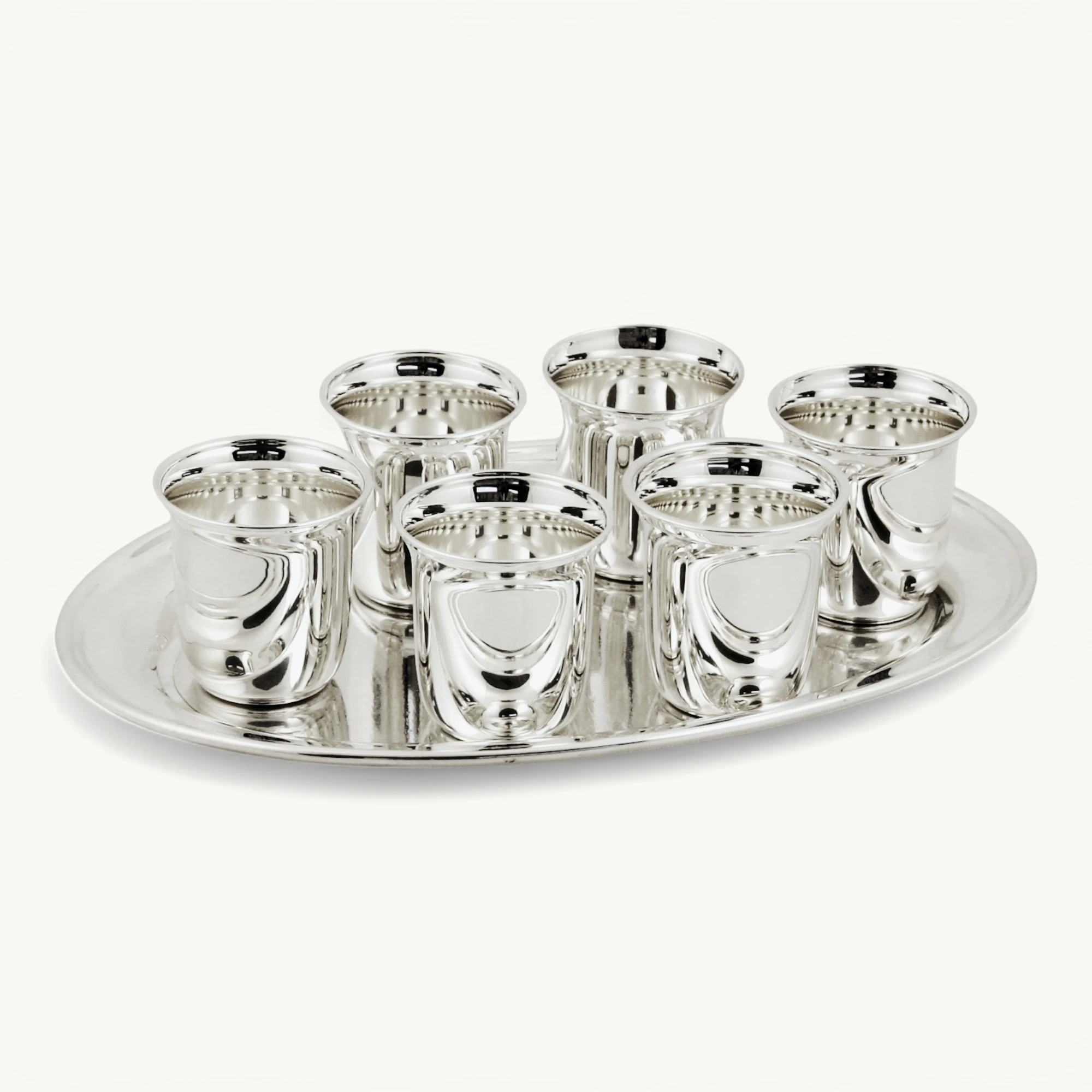 Schnapsset 7-teilig, 6 Becher und Tablett, schwerversilbert, 22x15 cm, Becher H 5 cm, Füllmenge 4 cl