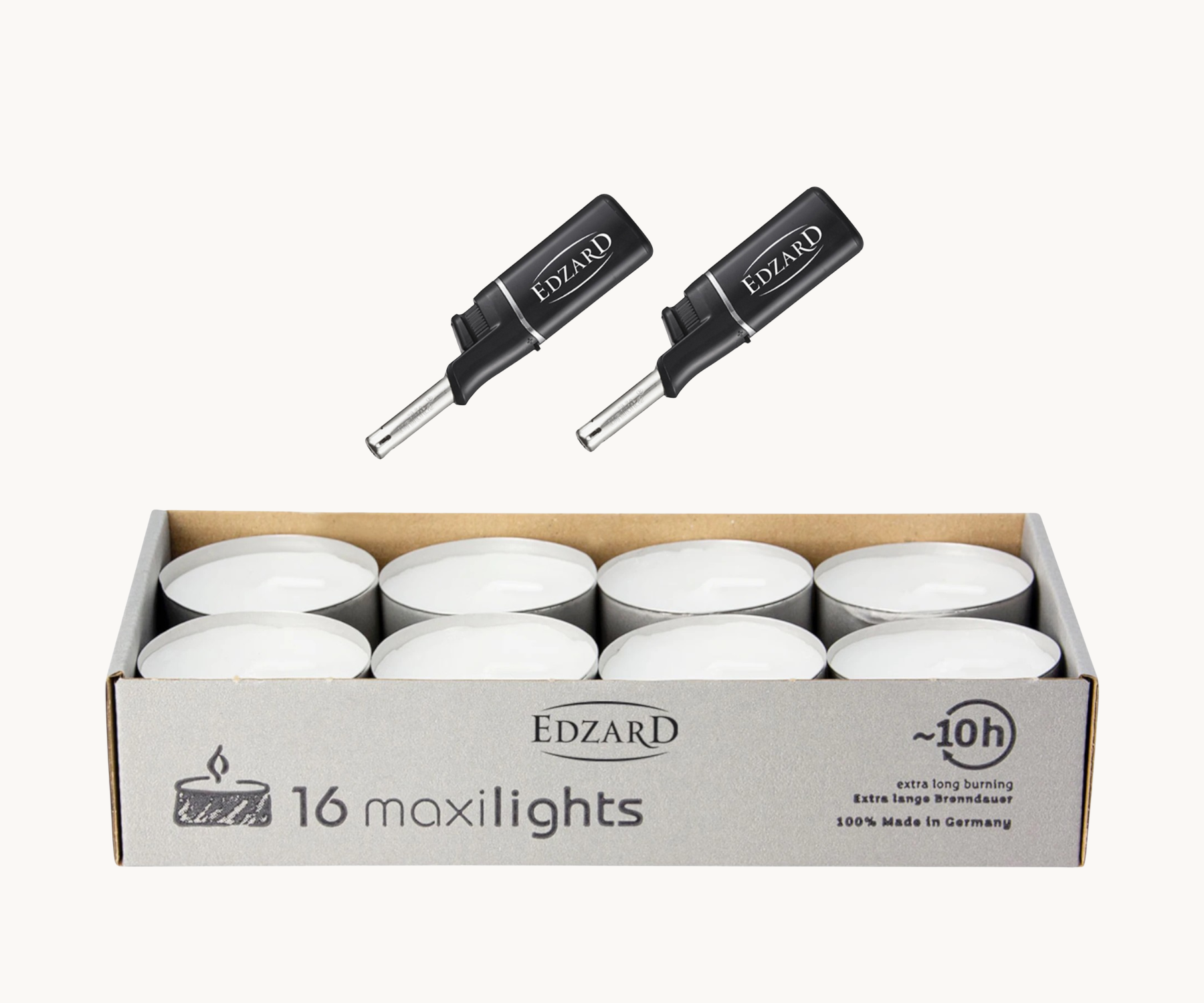 Set 16 Maxi Teelichter ø 58 mm, weiß, ohne Duft, Aluminiumhülle, Brenndauer 10 Stunden - plus 2 Mini-Stabfeuerzeuge Länge 11 cm