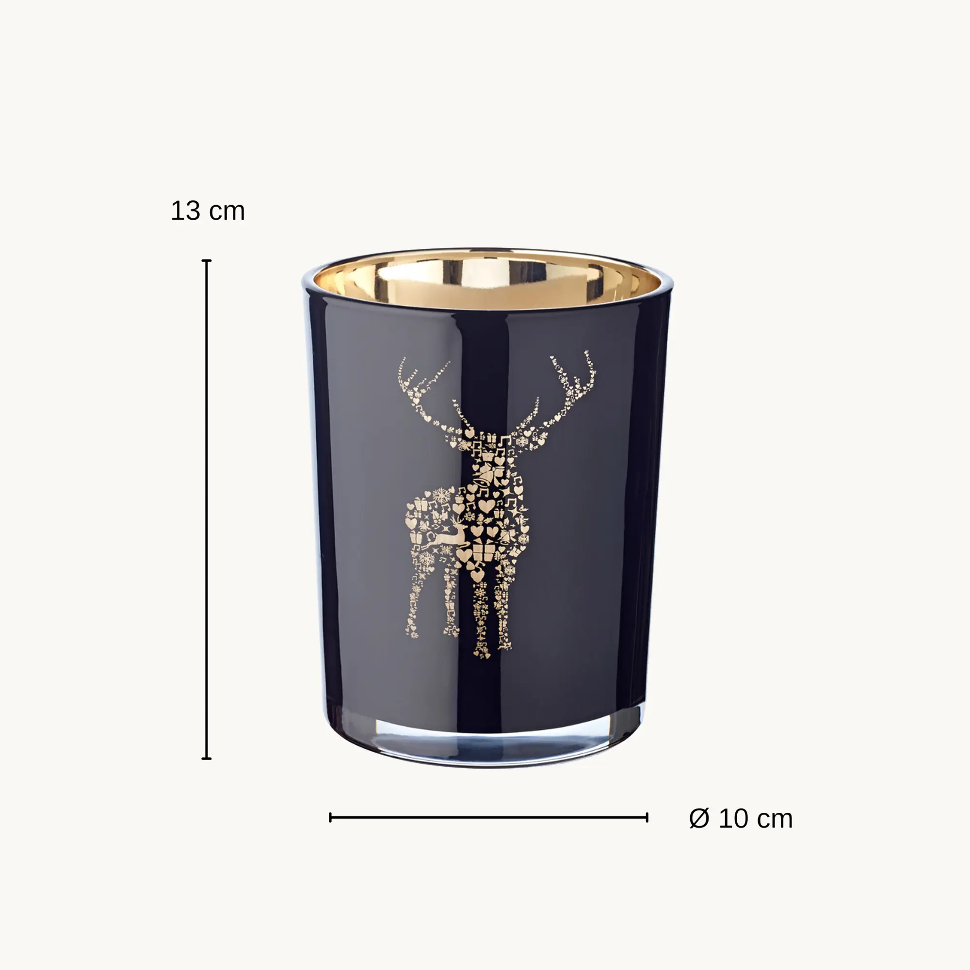 Teelichtglas Fancy (Höhe 13 cm), schwarz & goldfarben, Hirsch-Motiv
