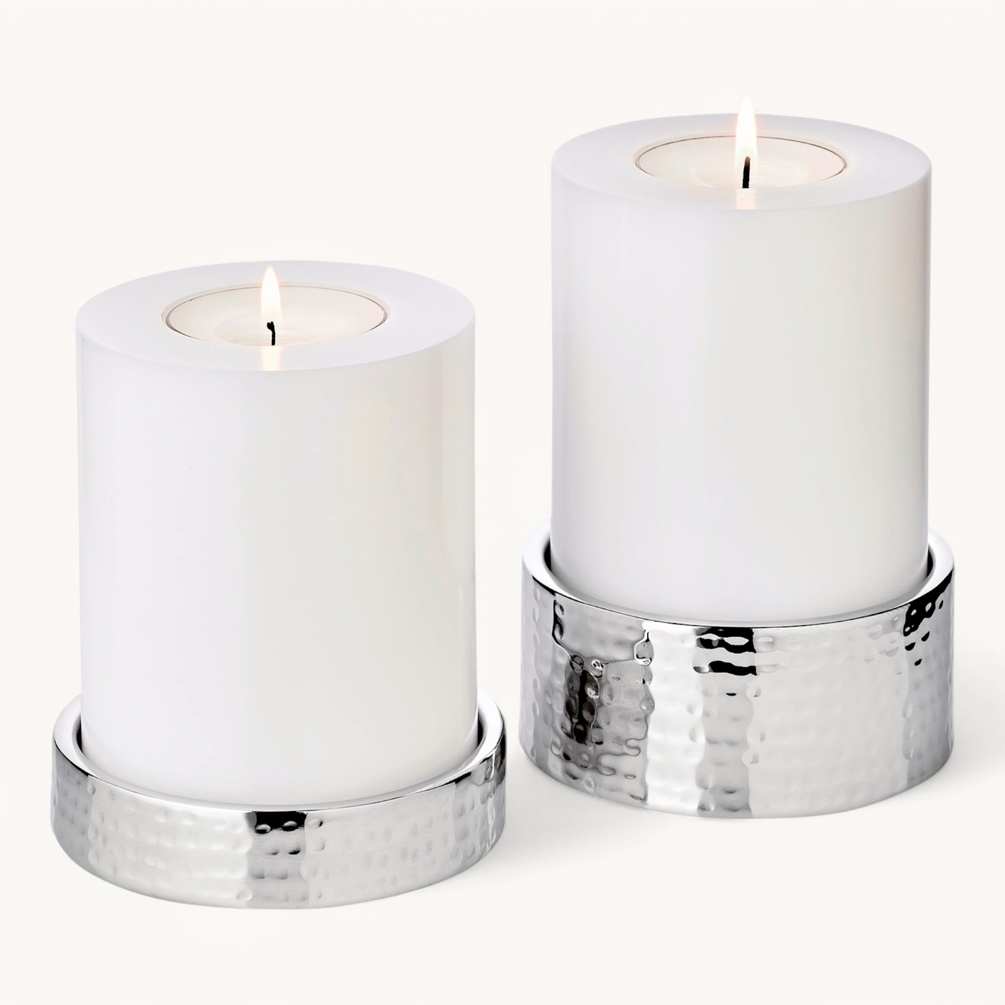 2er-Set Kerzenhalter Luca (Höhe 2,5 cm & 5 cm, Ø 11,5 cm), gehämmert, Edelstahl, hochglanzpoliert