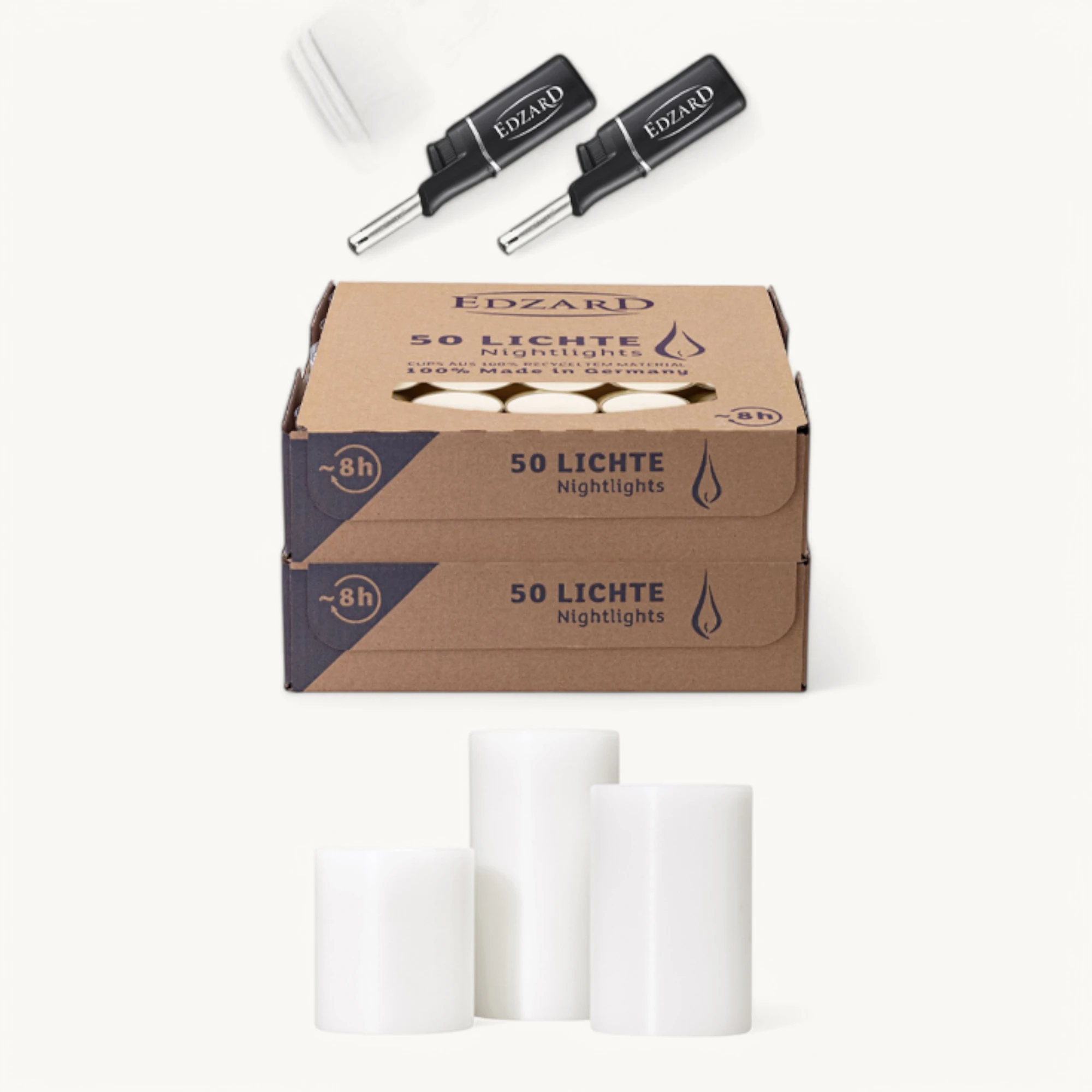 Set 3 Dauerkerzen Cornelius Plus 96 Teelichter & 2 Stabfeuerzeuge (Ø 6 cm, H 6, 8, 10 cm) in weiß - Teelichter Plus Halter, Kerzenhalter in Kerzenoptik, Windlicht inkl. Anzünder - Deko Kerze
