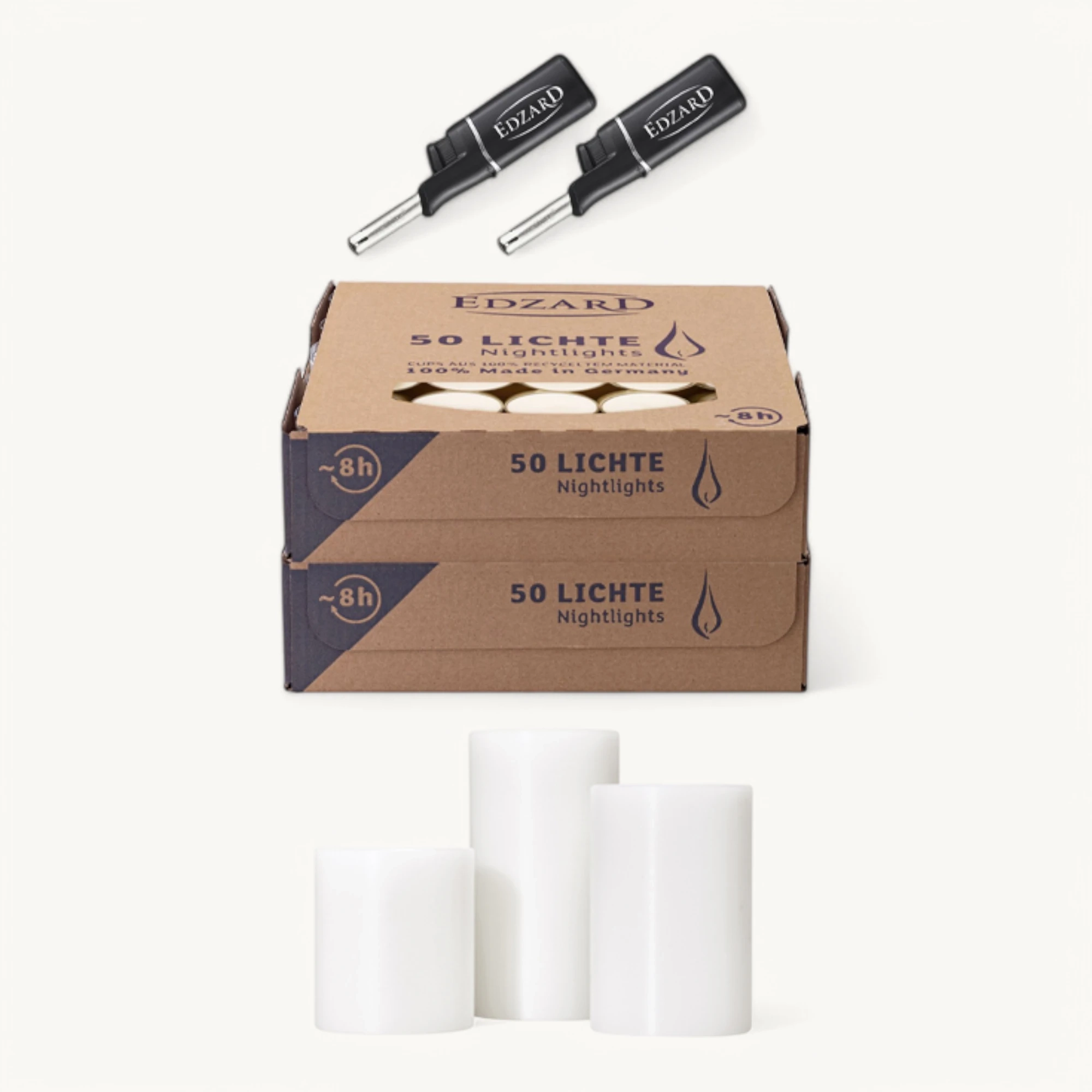 Set 3 Dauerkerzen Cornelius (Höhe 6/8/10 cm, ø 6 cm) in weiß, inkl. 100 Teelichter & 2 Mini-Stabfeuerzeuge