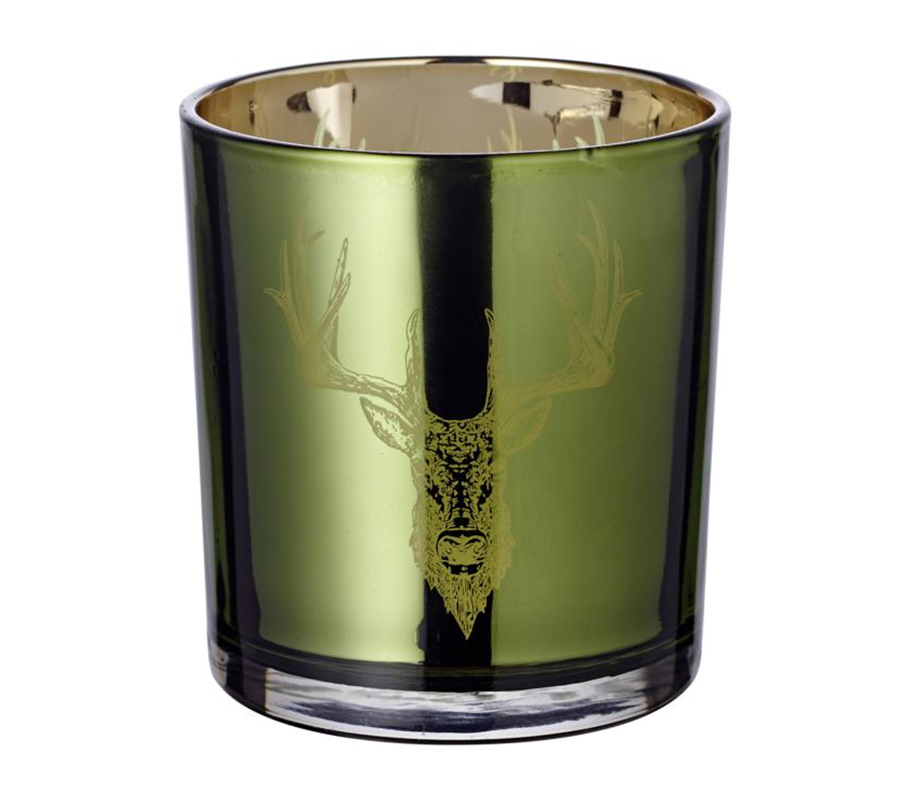 SALE Teelichtglas Alex (Höhe 8 cm), grün & goldfarben, Hirsch-Motiv