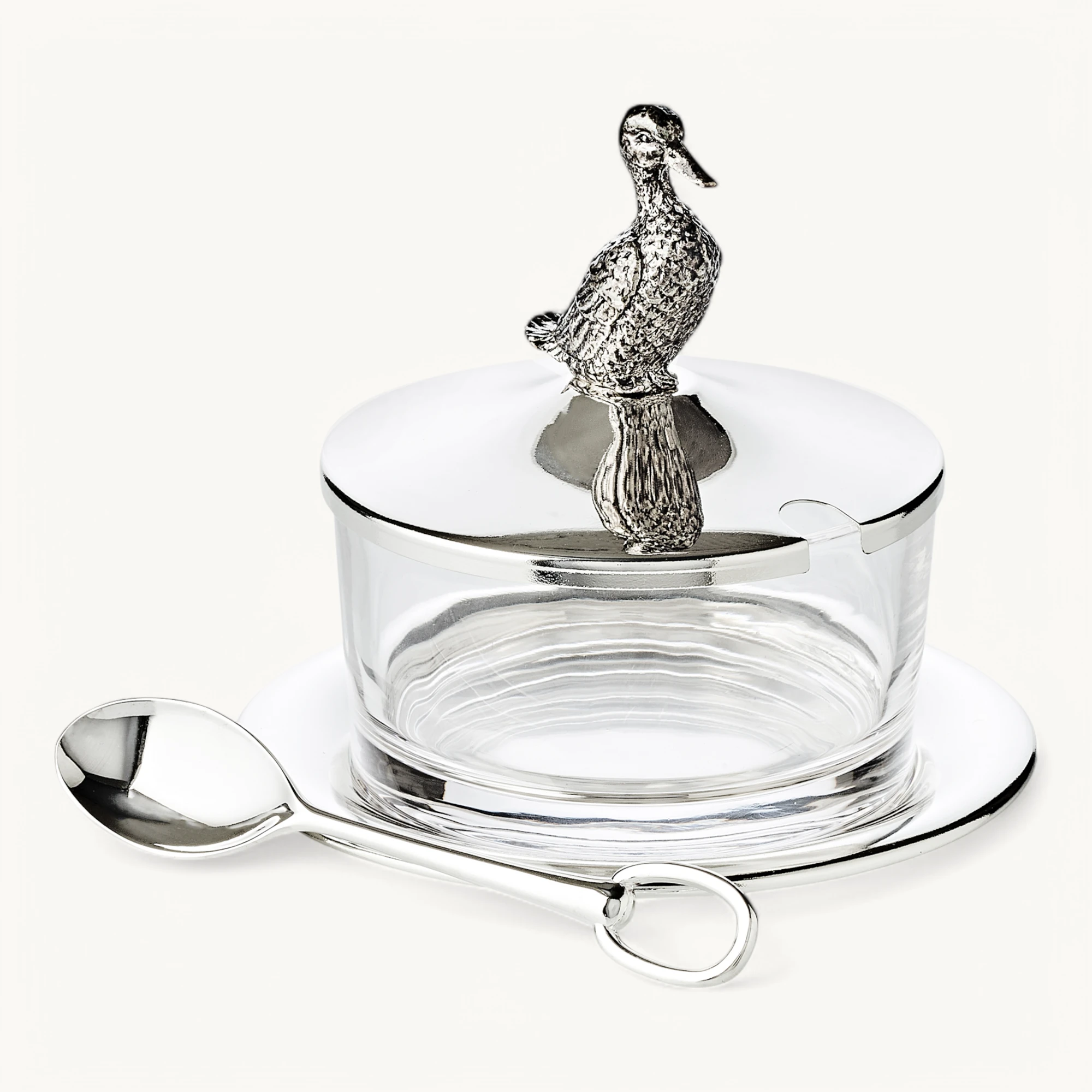 Marmeladenglas Ente (290 g), Enten-Figur, mit Untersetzer und Löffel, edel versilbert