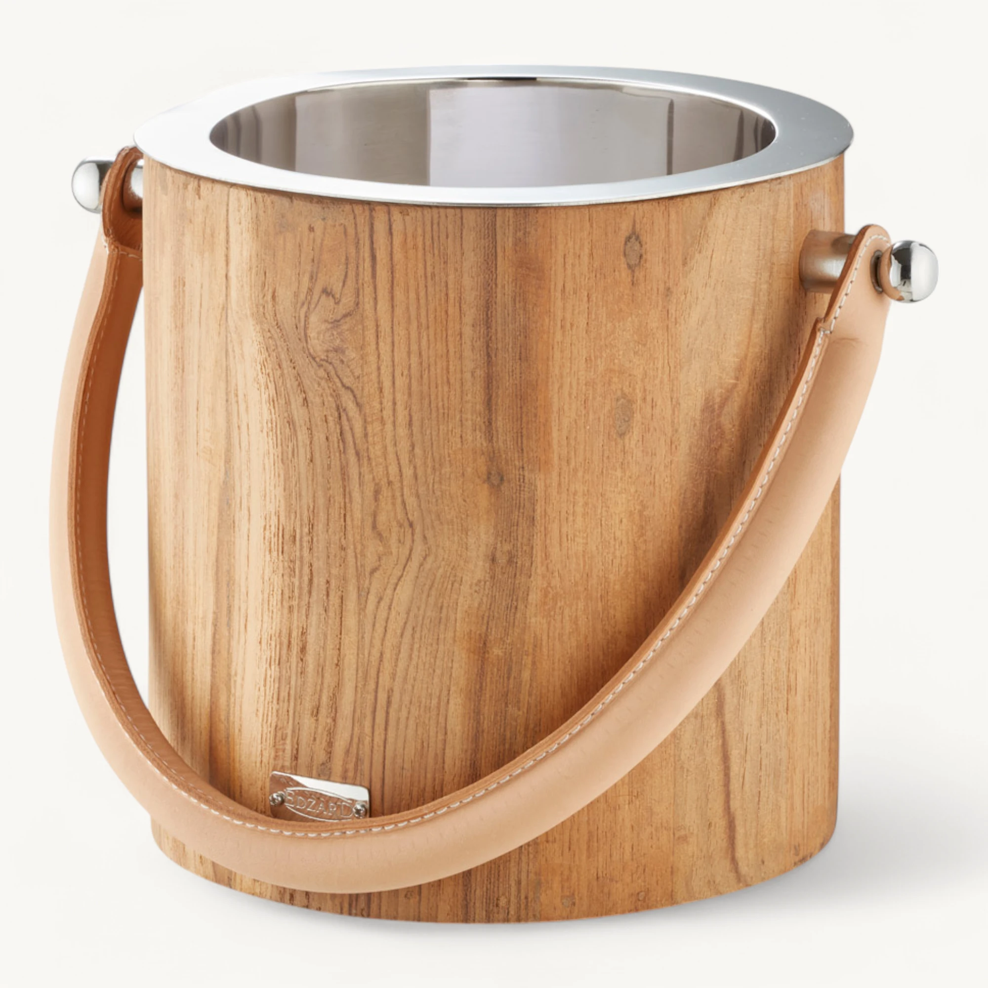 Eiseimer Havanna (Höhe 20 cm), Ledergriff, außen Teakholz, Edelstahl, glänzend vernickelt