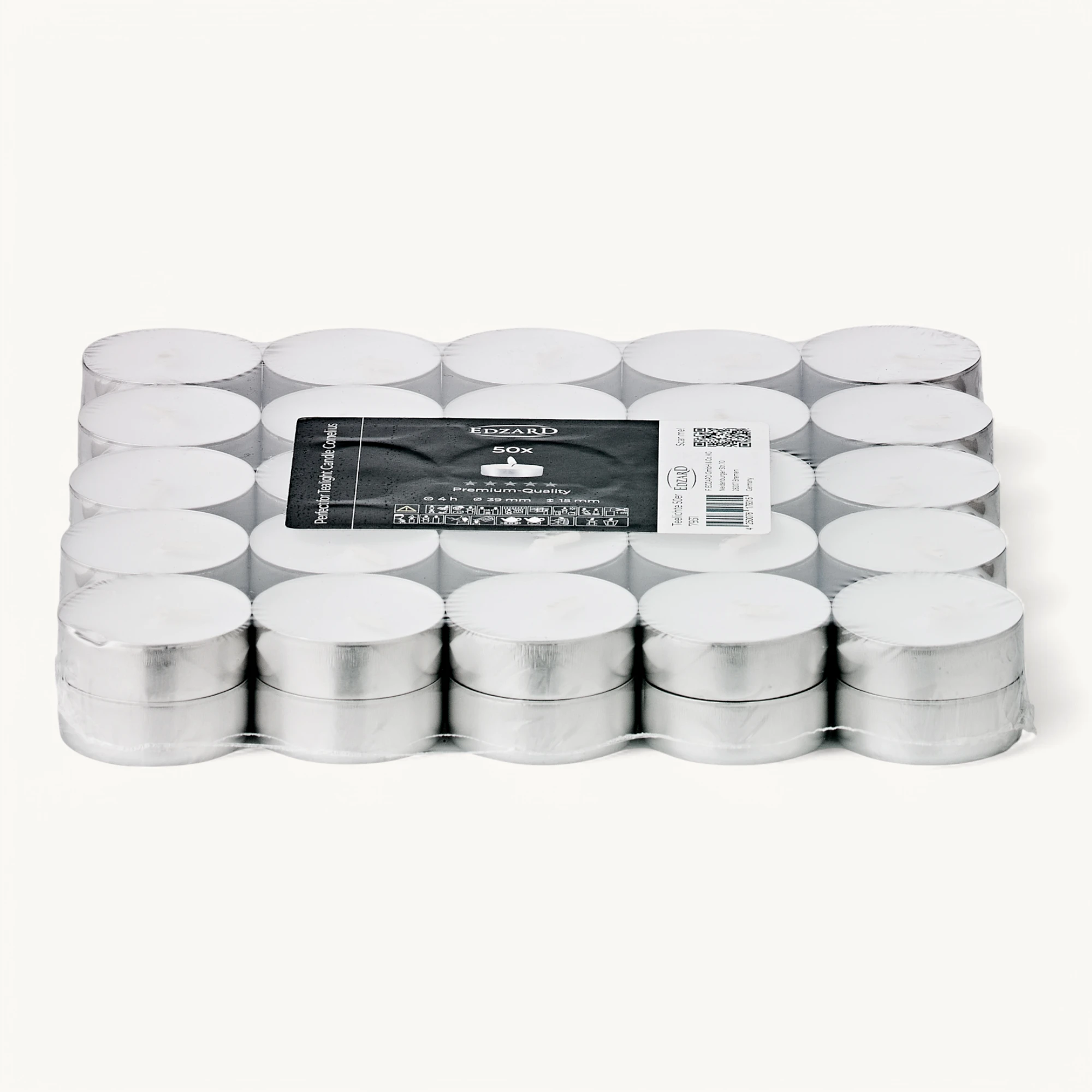 50 Stück Teelichter, weiß, Premium Wachs, Aluminiumhülle, Brenndauer ca. 4h